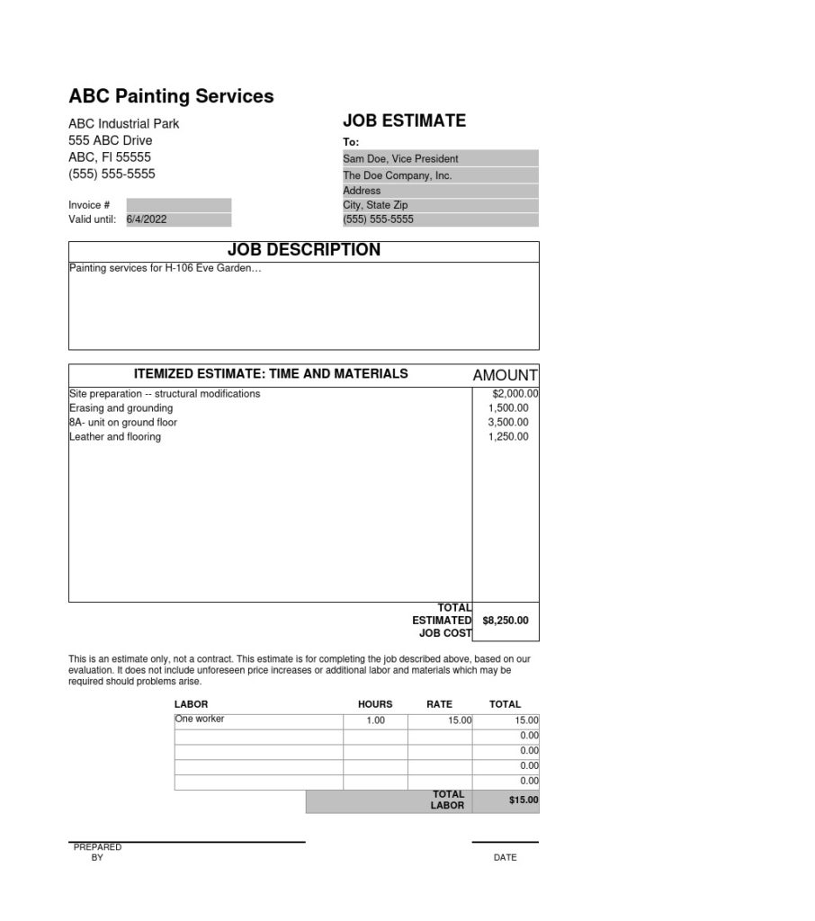 5 FREE Sample Painting Estimate Template In Excel Template Samples