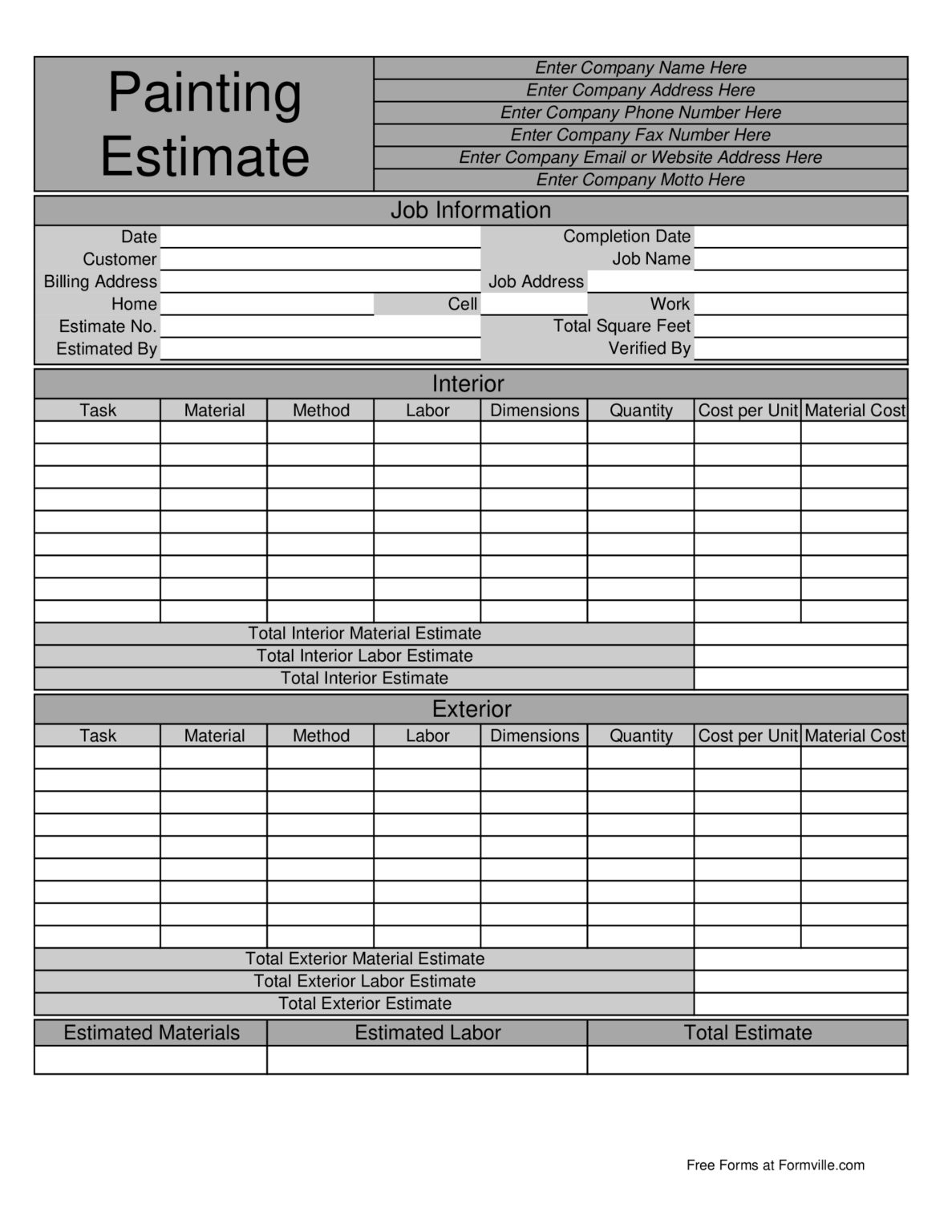 Free Blank Printable Painter Estimate Template