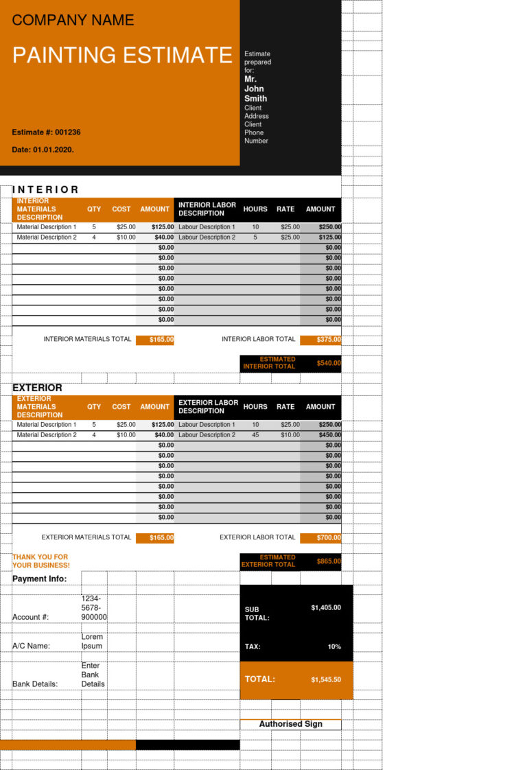 5 FREE Sample Painting Estimate Template In Excel Template Samples