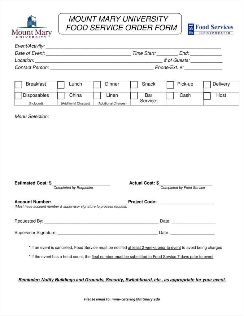 10+ Catering Order Form Templates - Ms Word, Numbers, Pages regarding Food Order Form Sample Template