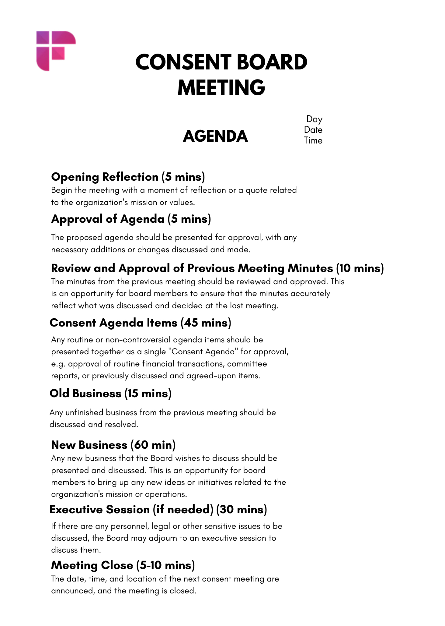 10 Free Nonprofit Board Meeting Agenda Templates within Board Meeting Agenda Template Sample