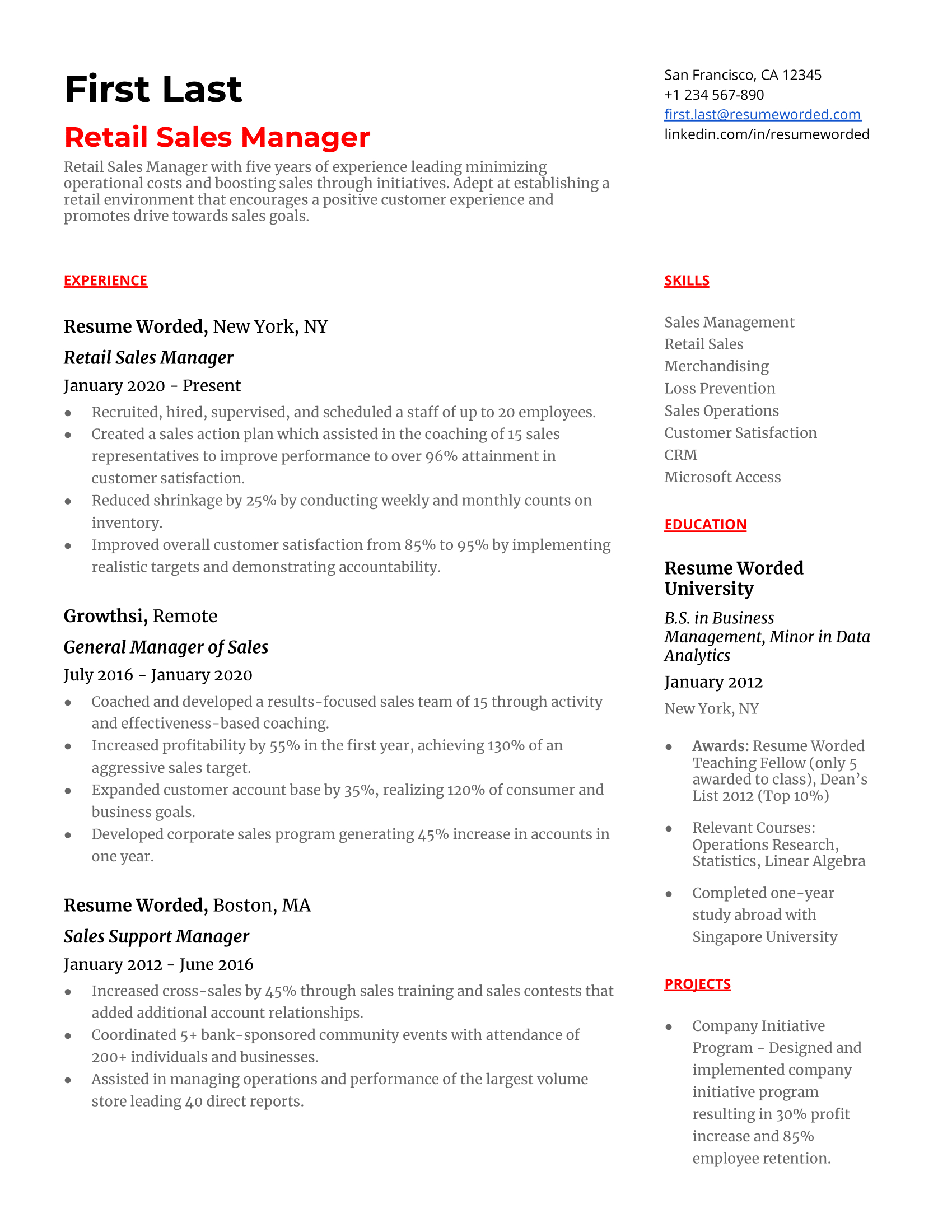 11 Retail Resume Examples For 2024 | Resume Worded throughout Retail Resume Template Sample