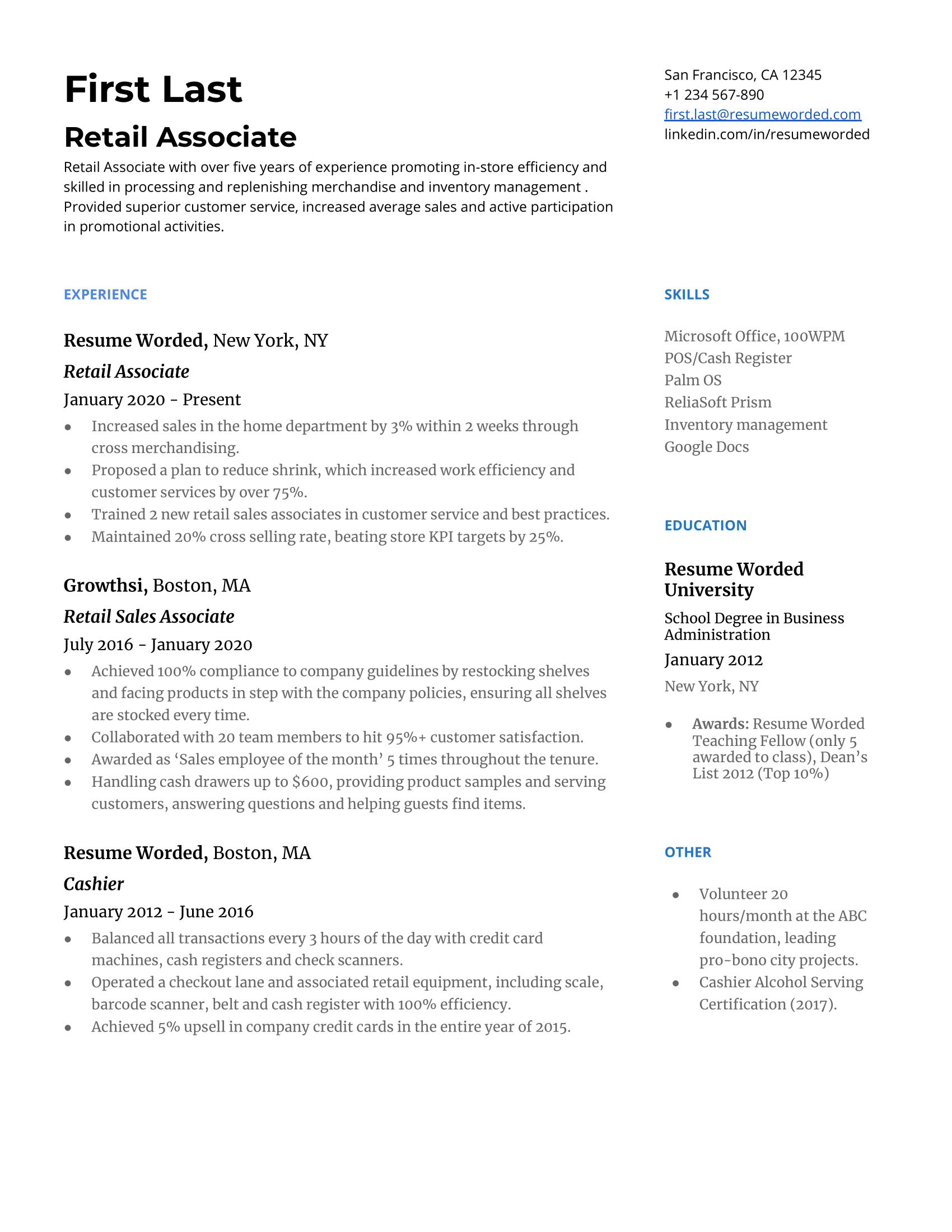 11 Retail Resume Examples For 2024 | Resume Worded throughout Retail Resume Template Sample