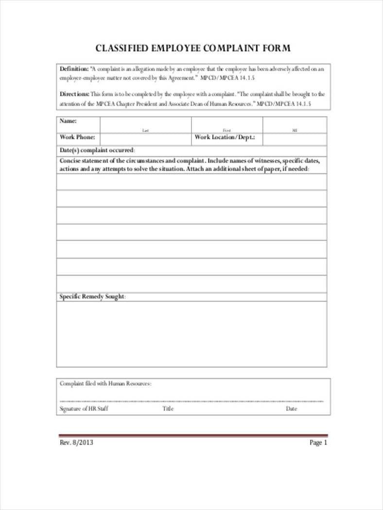 14+ Employee Complaint Forms - Free Pdf, Doc Format Download regarding Employee Complaint Form Sample Template