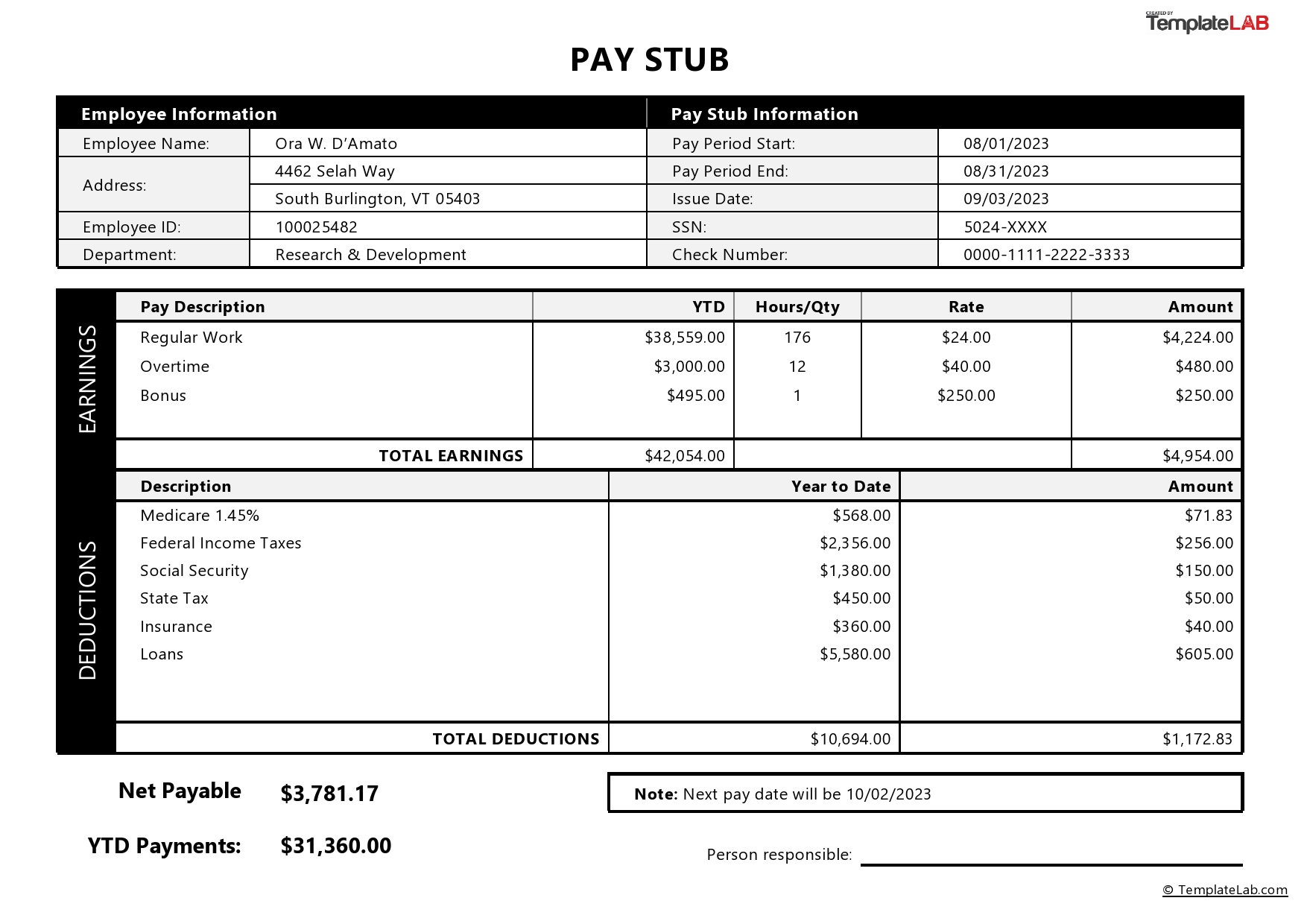 15 Free Pay Stub Templates [Word, Excel, Pdf] - Templatelab throughout Pay Stub Template Free Sample