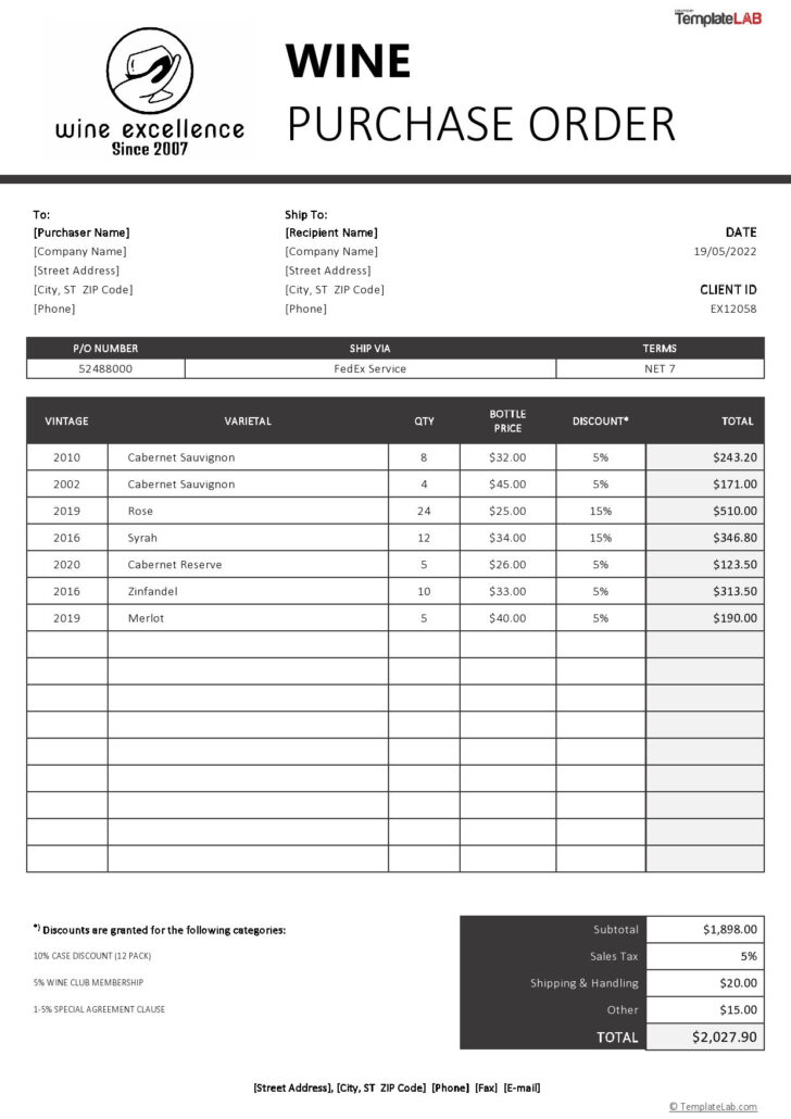 Purchase Order Form Template Sample