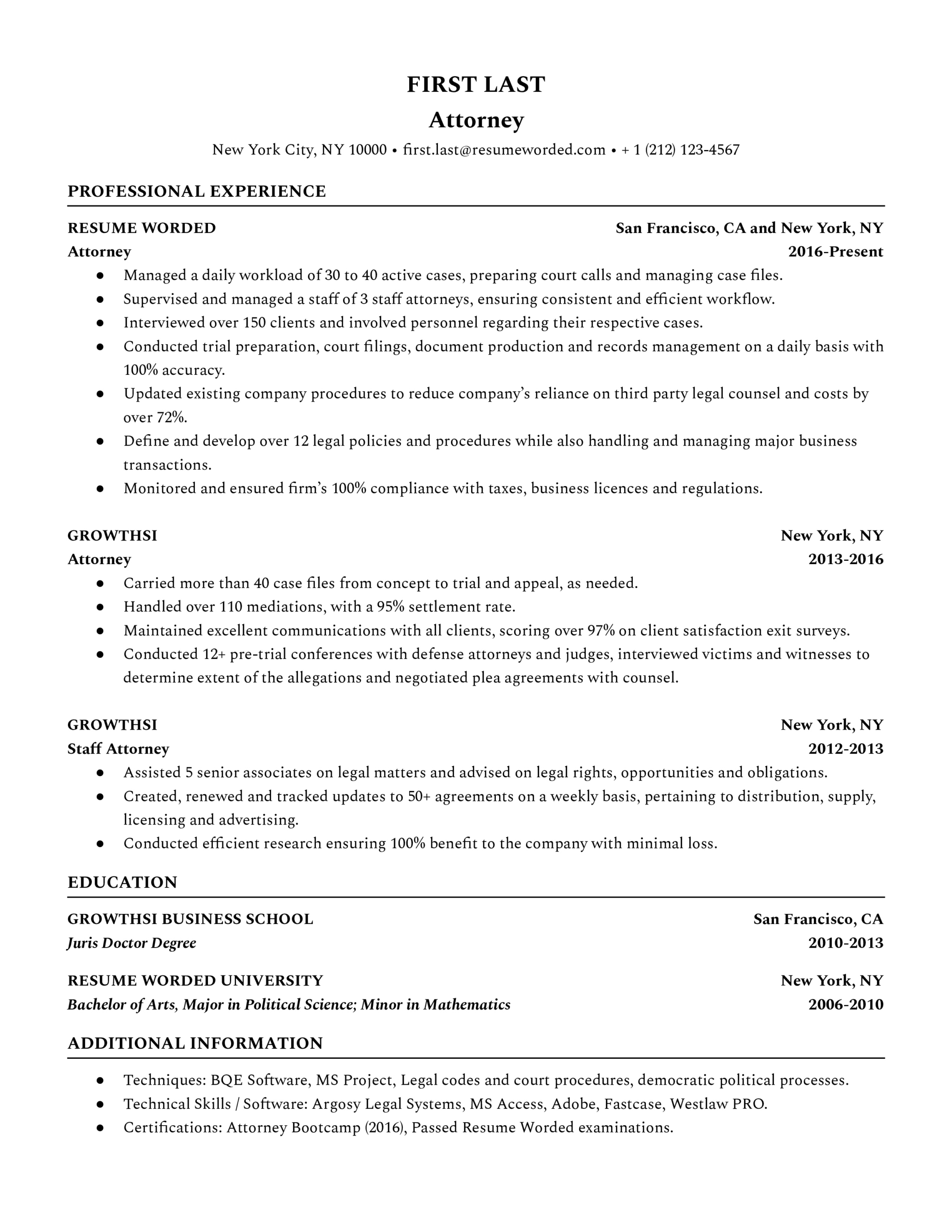 19 Attorney Resume Examples For 2024 | Resume Worded throughout Lawyer Resume Template Sample