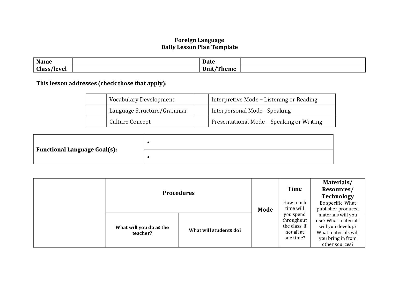 20 Foreign Language Lesson Plan Template inside Language Template Sample