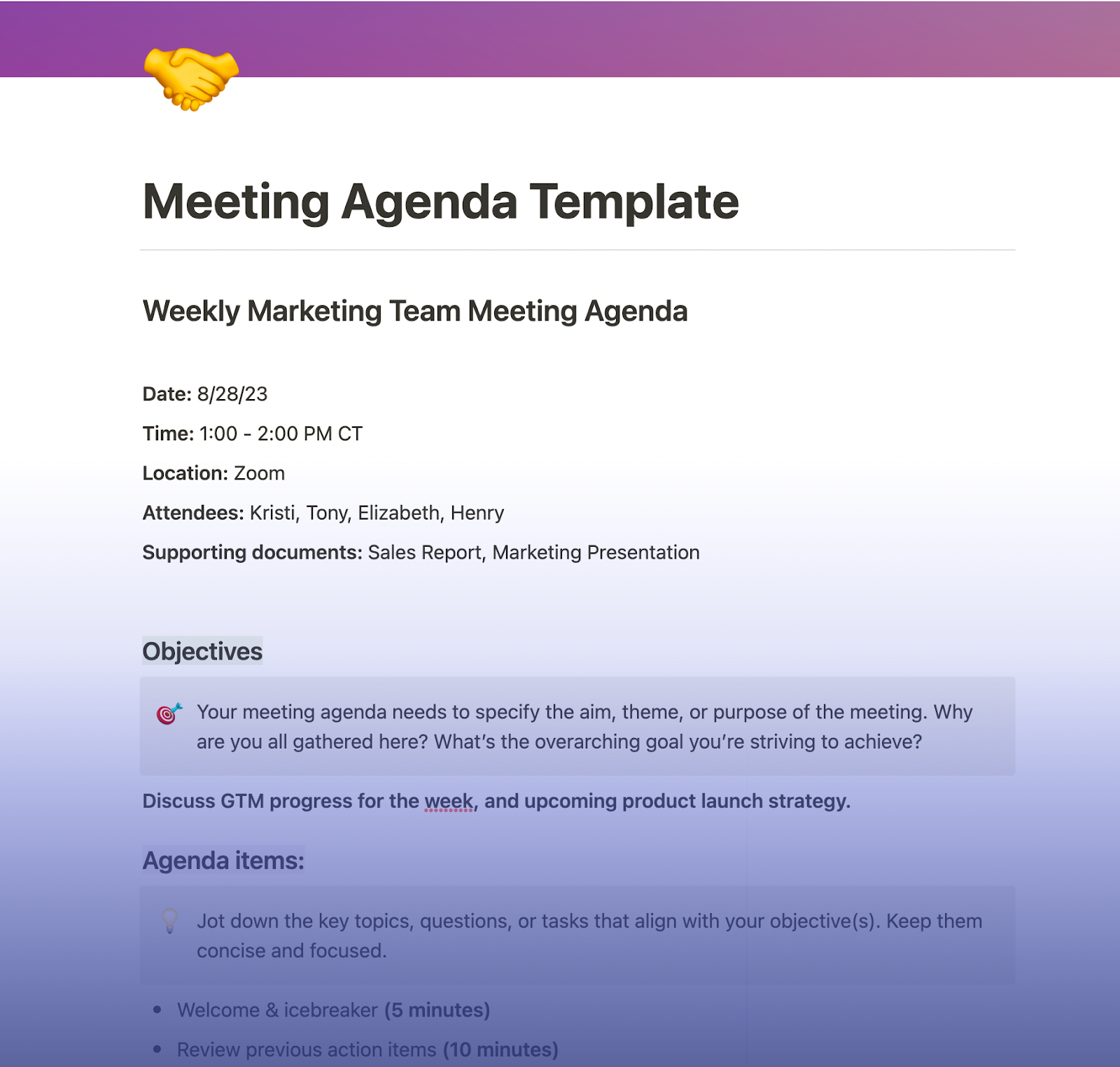 2024 Meeting Agenda Guide: 12 Free Templates | Reclaim pertaining to Team Meeting Agenda Template Sample