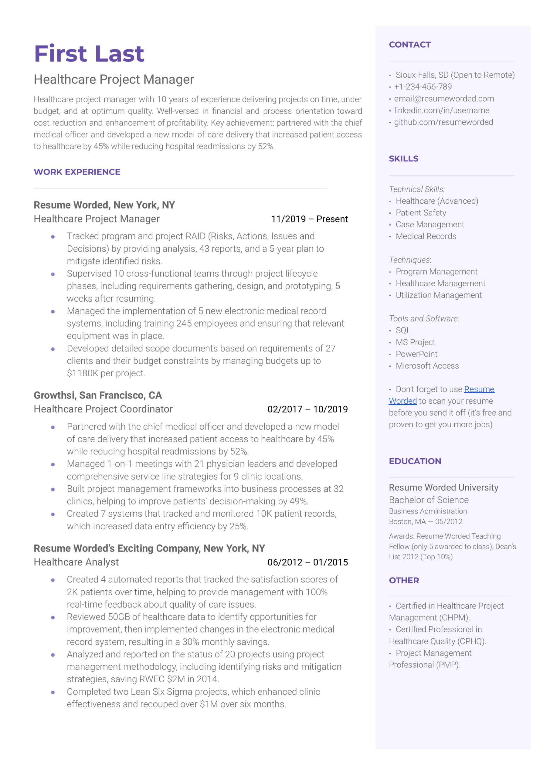 23 Project Manager Resume Examples For 2024 | Resume Worded in Project Manager Resume Template Sample