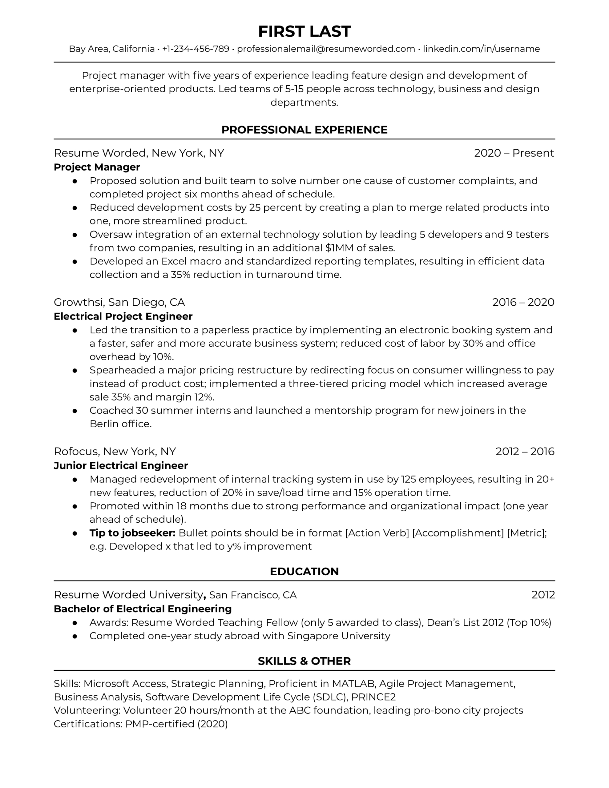 23 Project Manager Resume Examples For 2024 | Resume Worded intended for Project Manager Resume Template Sample