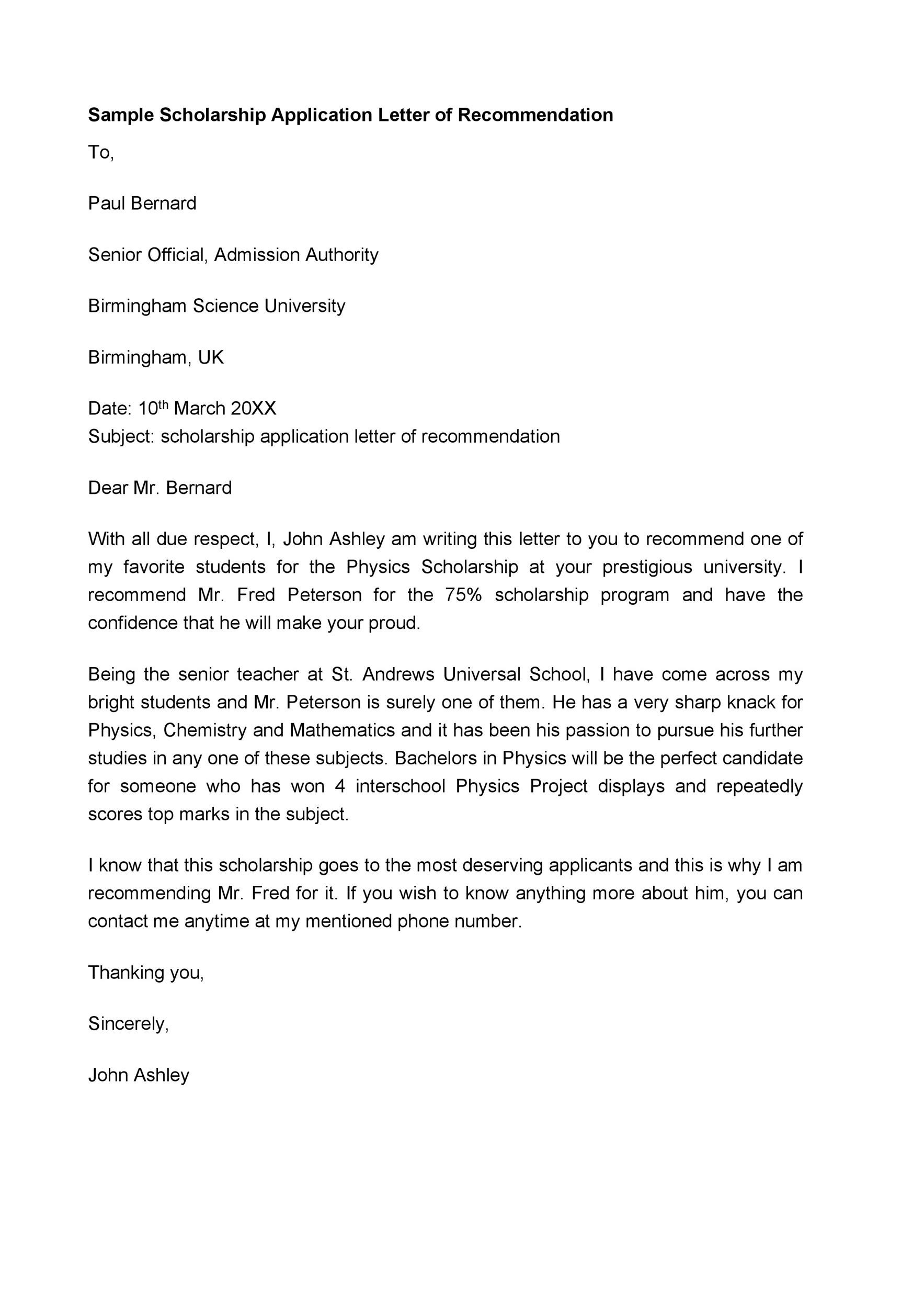 24 Templates For Writing A Letter Of Recommendation For A inside Scholarship Recommendation Letter Samples and Templates