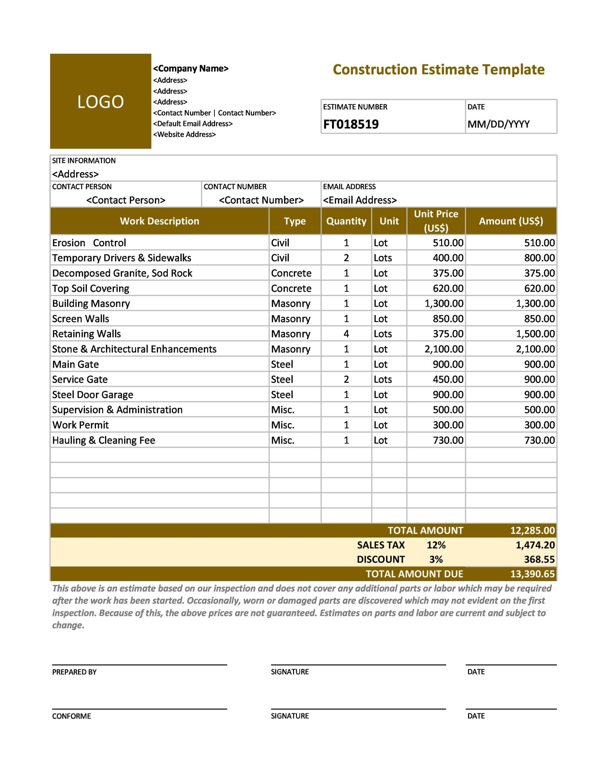 28 Perfect Construction Estimate Templates (Free) - Templatearchive throughout Construction Estimate Sample Template