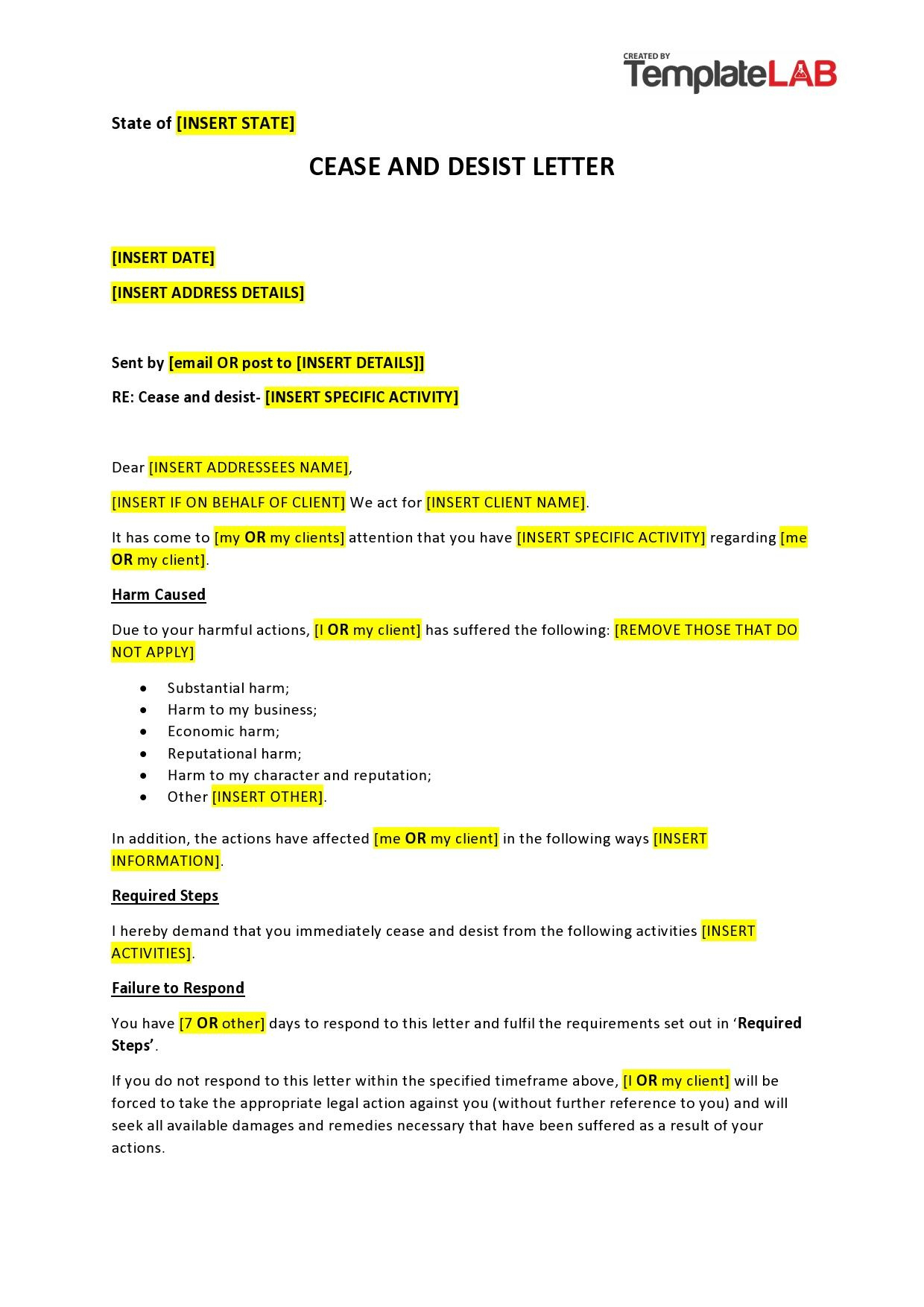 30+ Cease And Desist Letter Templates [Free] ᐅ Templatelab throughout Cease And Desist Letter Template Sample For Harassment