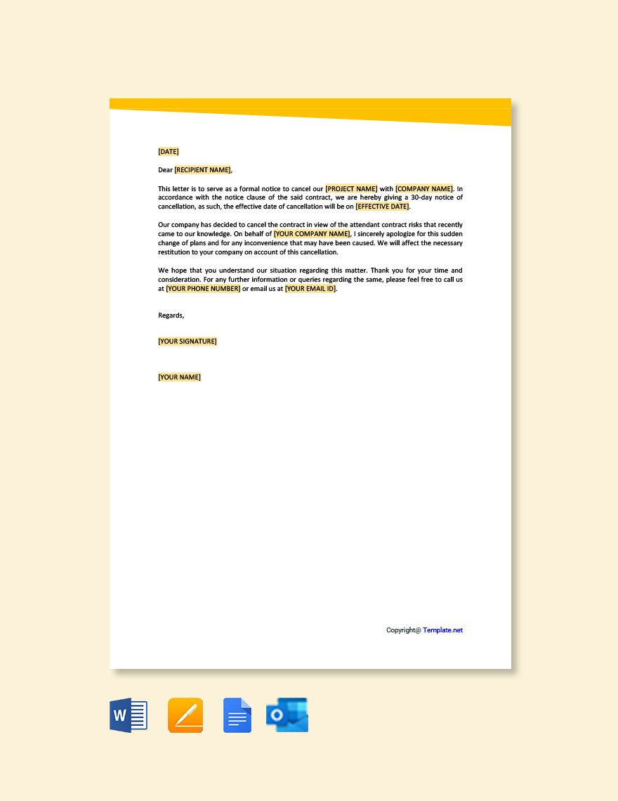 30 Day Notice Of Cancellation Letter In Google Docs, Word, Pages for Cancellation Letter Template Sample