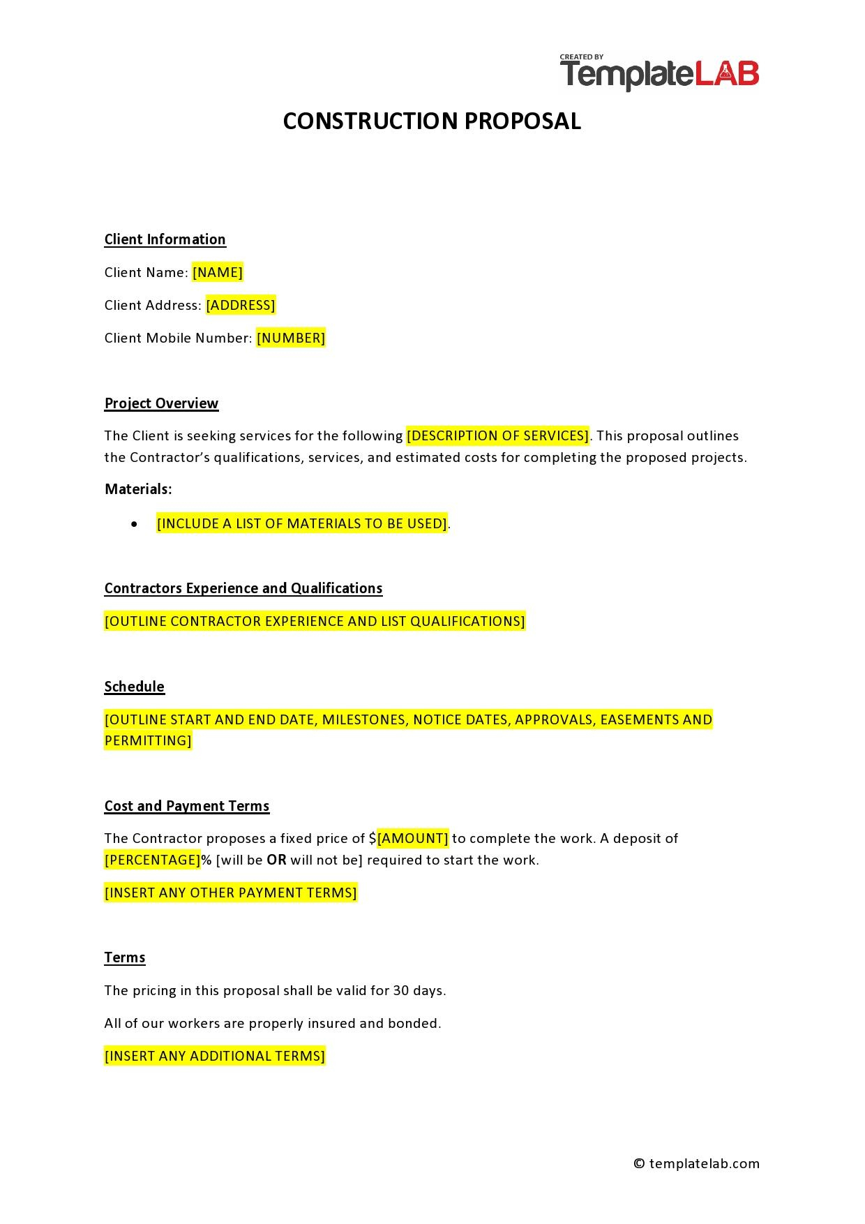 31 Construction Proposal Template &amp;amp; Construction Bid Forms with Bid Proposal Template Sample