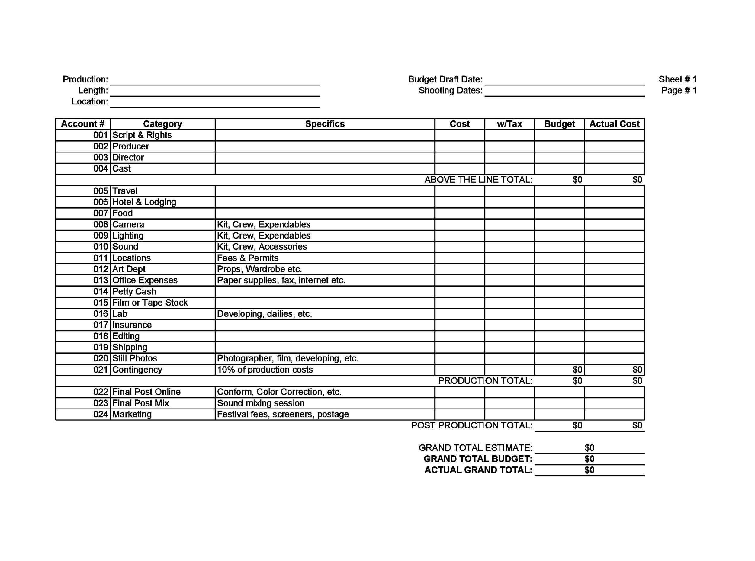 33 Free Film Budget Templates (Excel, Word) ᐅ Templatelab intended for Film Budget Template Sample