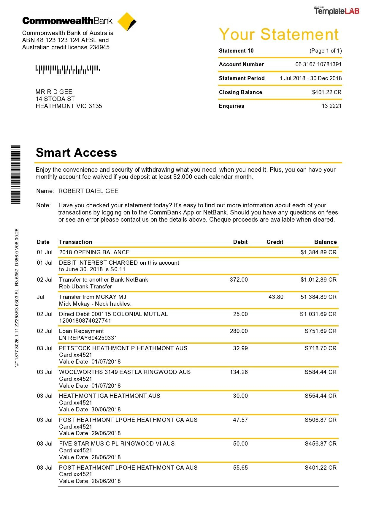 35 Editable Bank Statement Templates [Free] ᐅ Templatelab intended for Sample Bank Statement Template