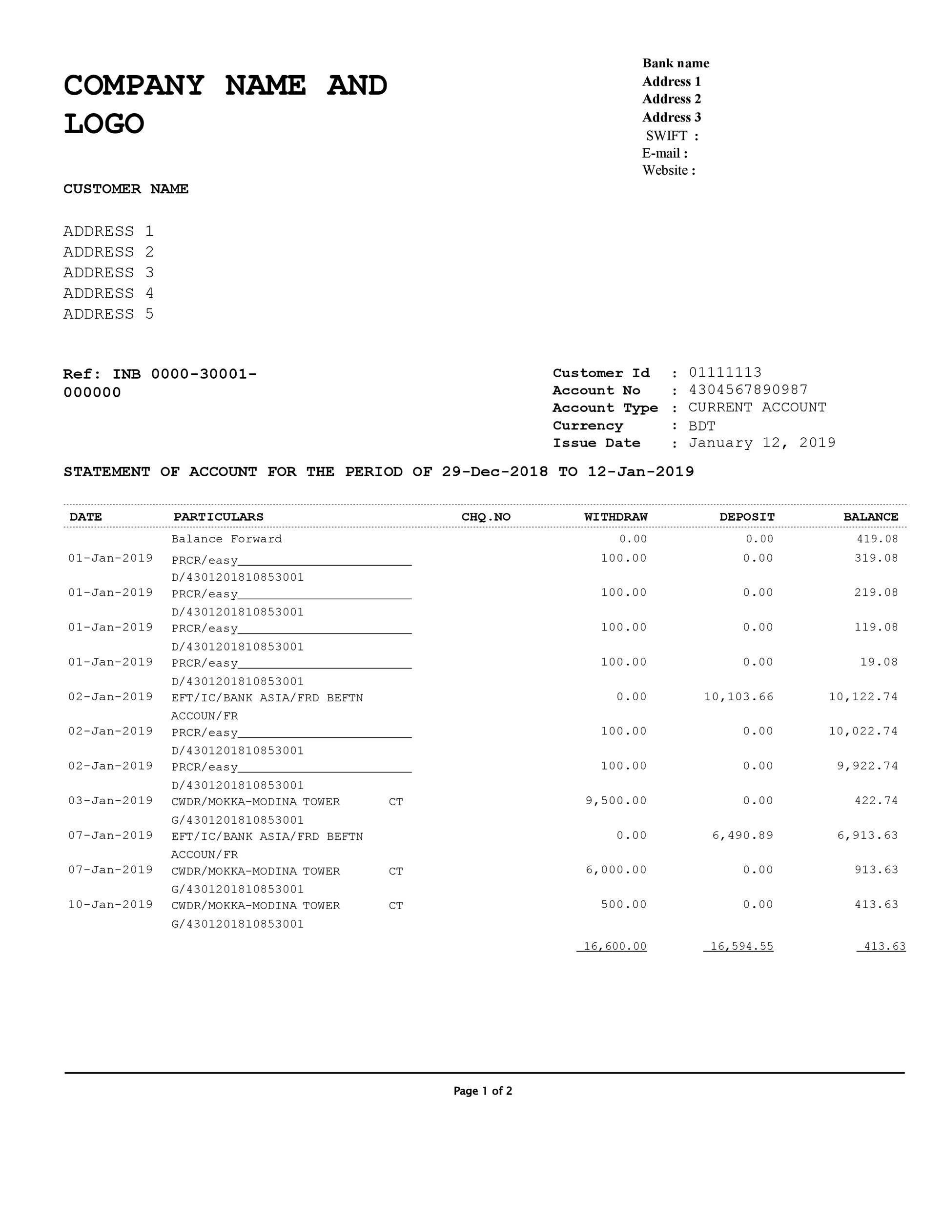 35 Editable Bank Statement Templates [Free] ᐅ Templatelab with Sample Bank Statement Template