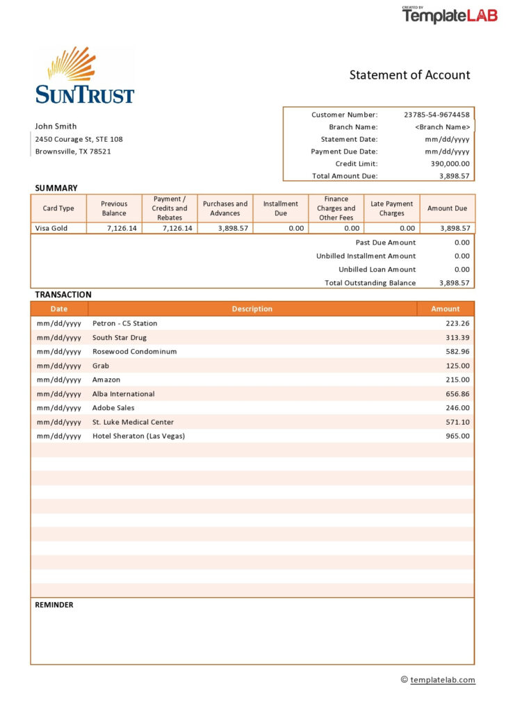 Sample Bank Statement Template