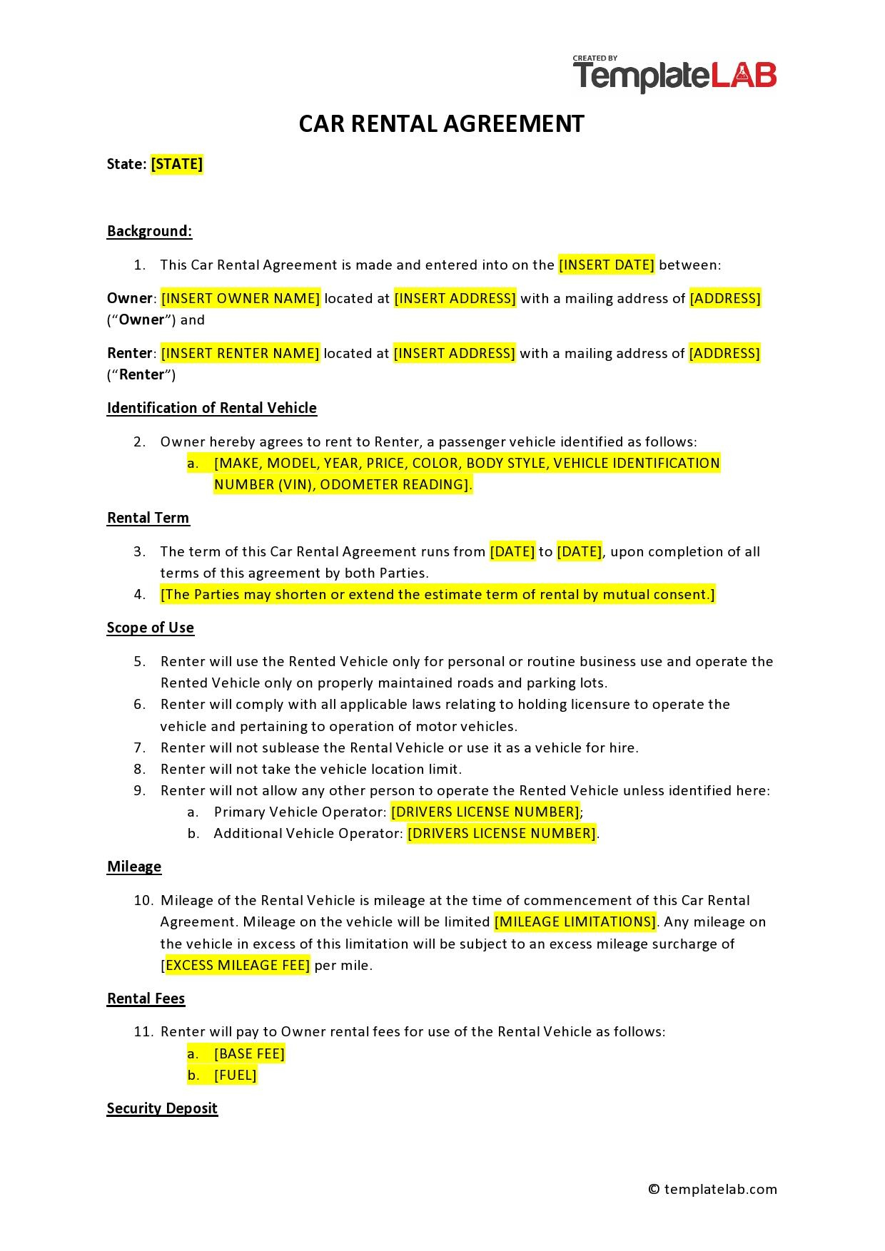 38 Free Car Rental Agreements [&amp;amp; Forms] ᐅ Templatelab within Car Rental Contract Template Sample