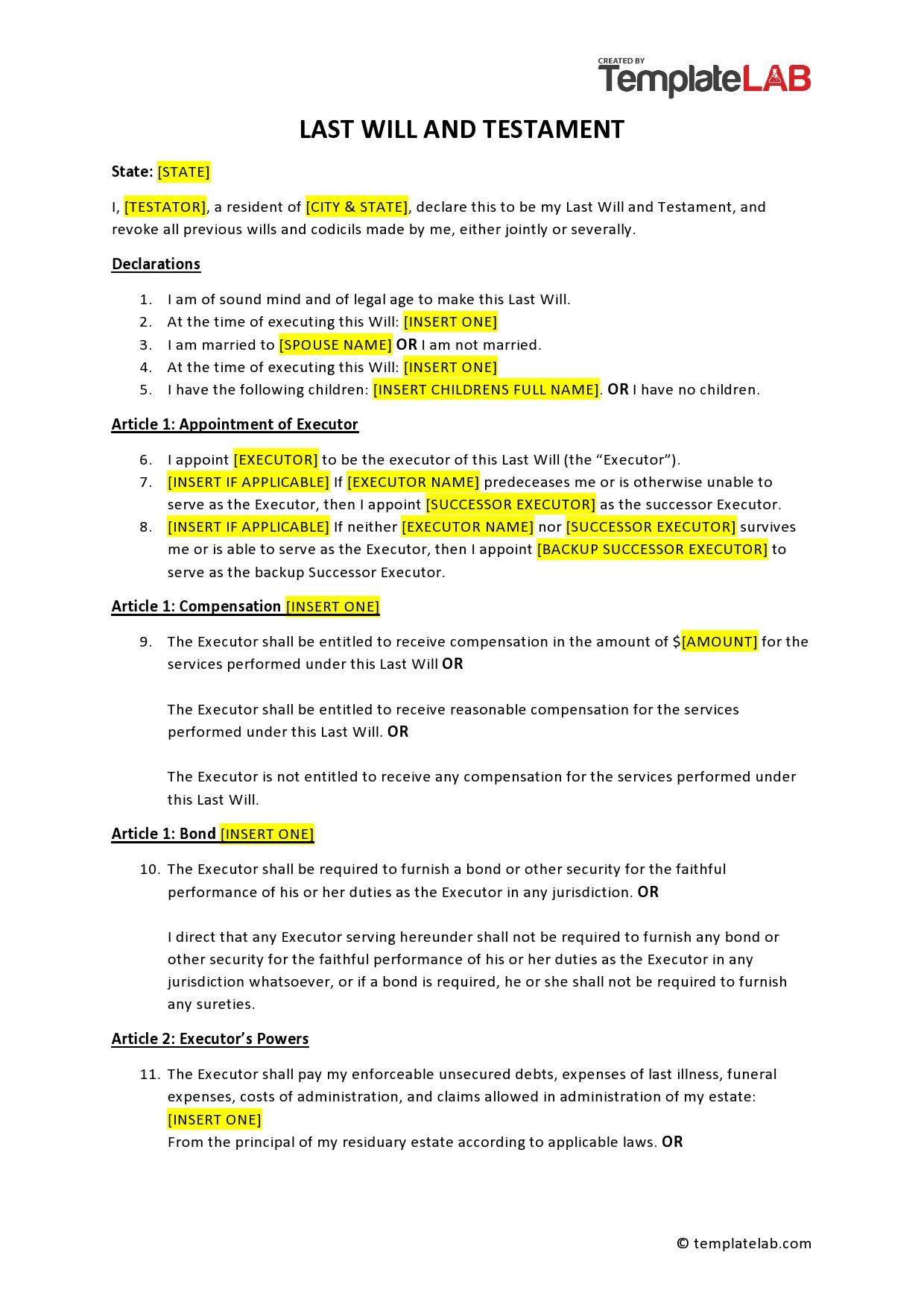 39 Last Will And Testament Forms &amp;amp; Templates ᐅ Templatelab in Last Will And Testament Template Sample