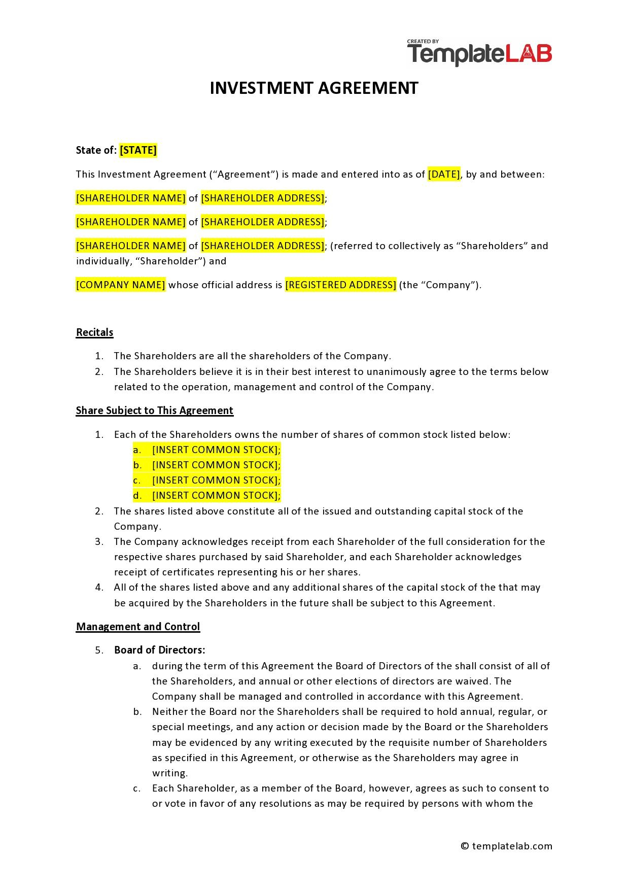 39 Professional Investment Contract Templates [Free] ᐅ Templatelab within Investor Contract Sample Template