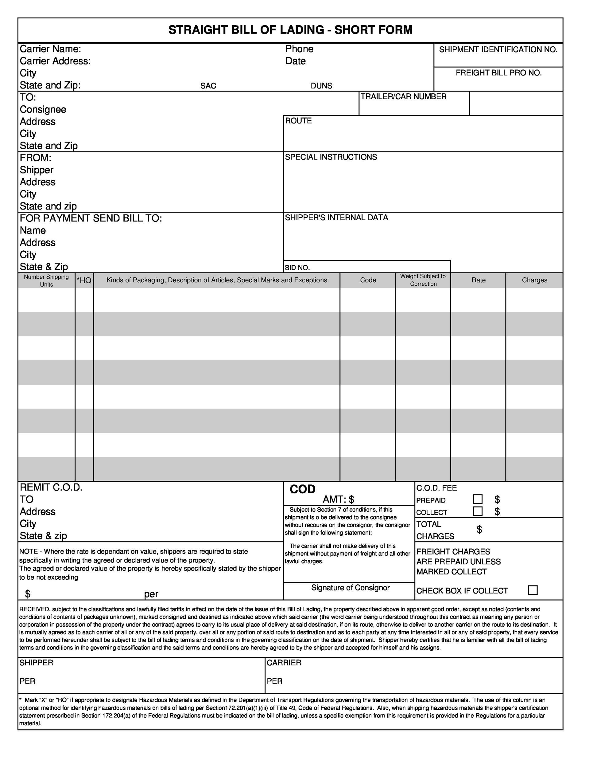 40 Free Bill Of Lading Forms &amp;amp; Templates ᐅ Templatelab for Bill Of Lading Sample Template