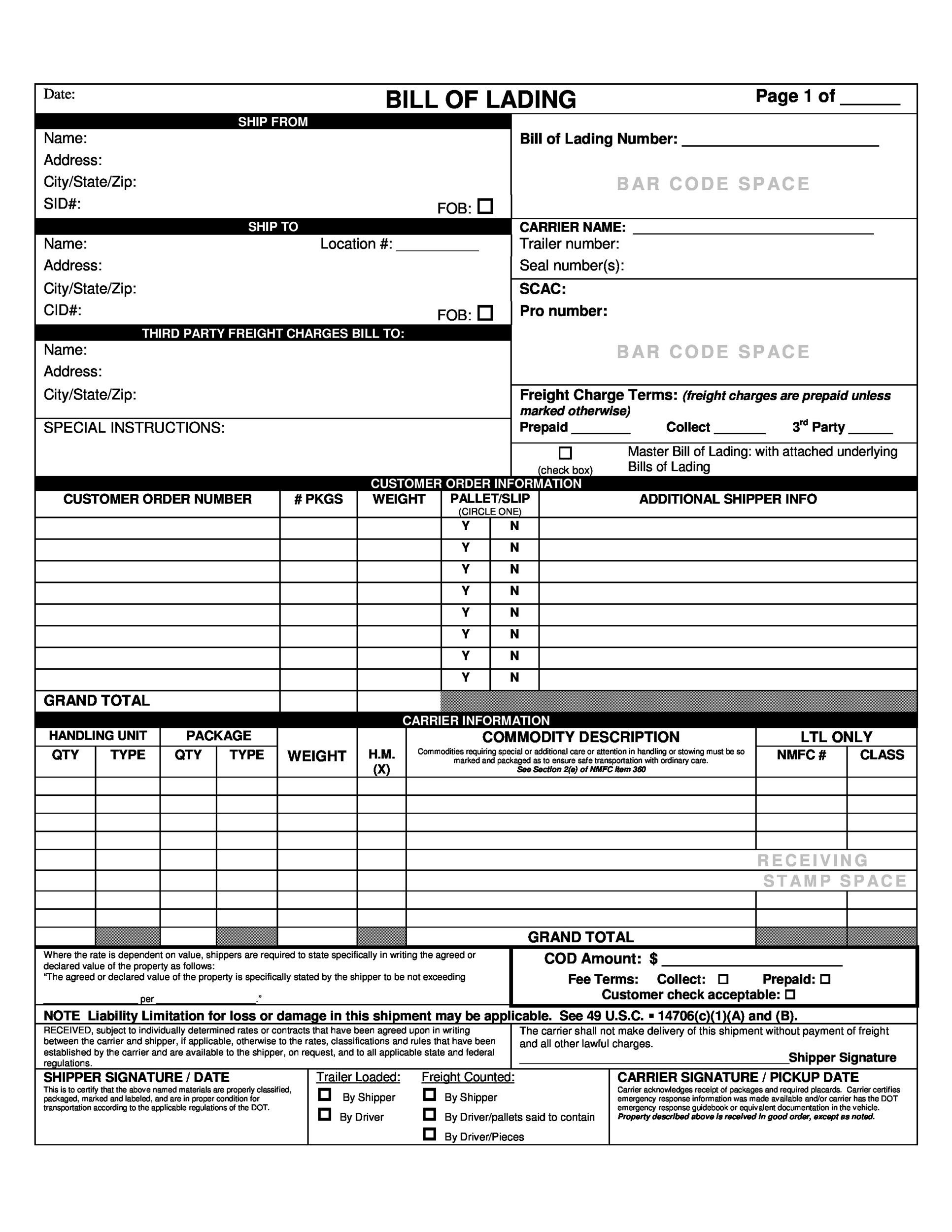 40 Free Bill Of Lading Forms &amp;amp; Templates ᐅ Templatelab pertaining to Bill of Lading Sample Template