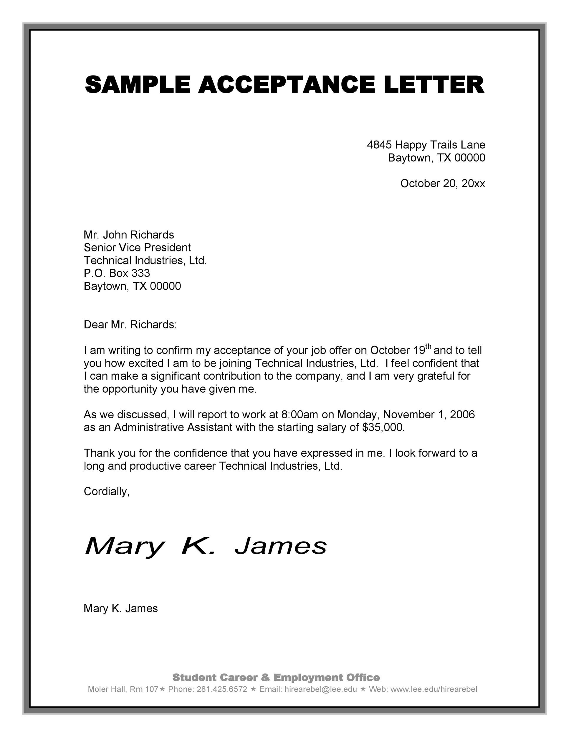 40 Professional Job Offer Acceptance Letter &amp;amp; Email Templates ᐅ within Job Acceptance Letter Sample Template