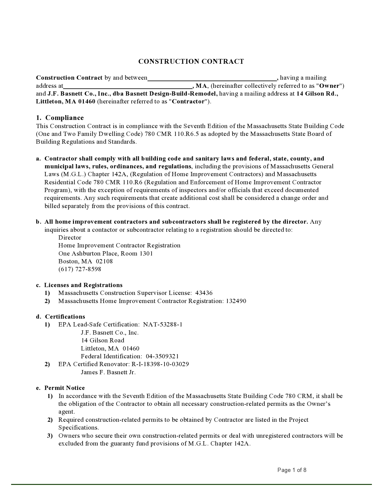 41 Simple Construction Contract Templates [100% Free] pertaining to Construction Contract Template Sample Free