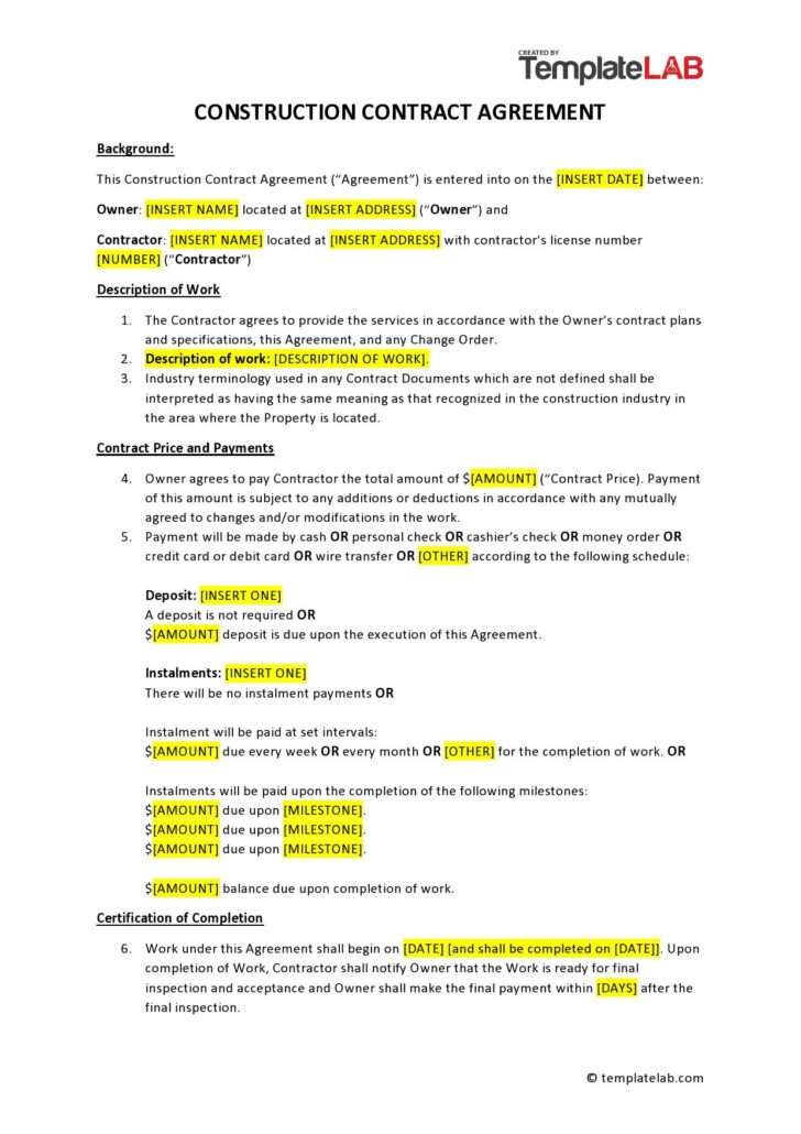 Construction Contract Template Sample Free