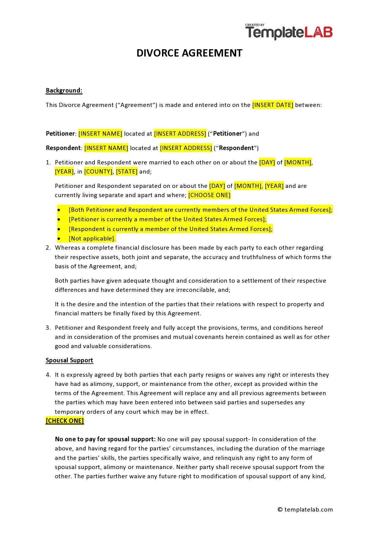 42 Printable Divorce Agreement Templates [Word] with Divorce Agreement Template Sample