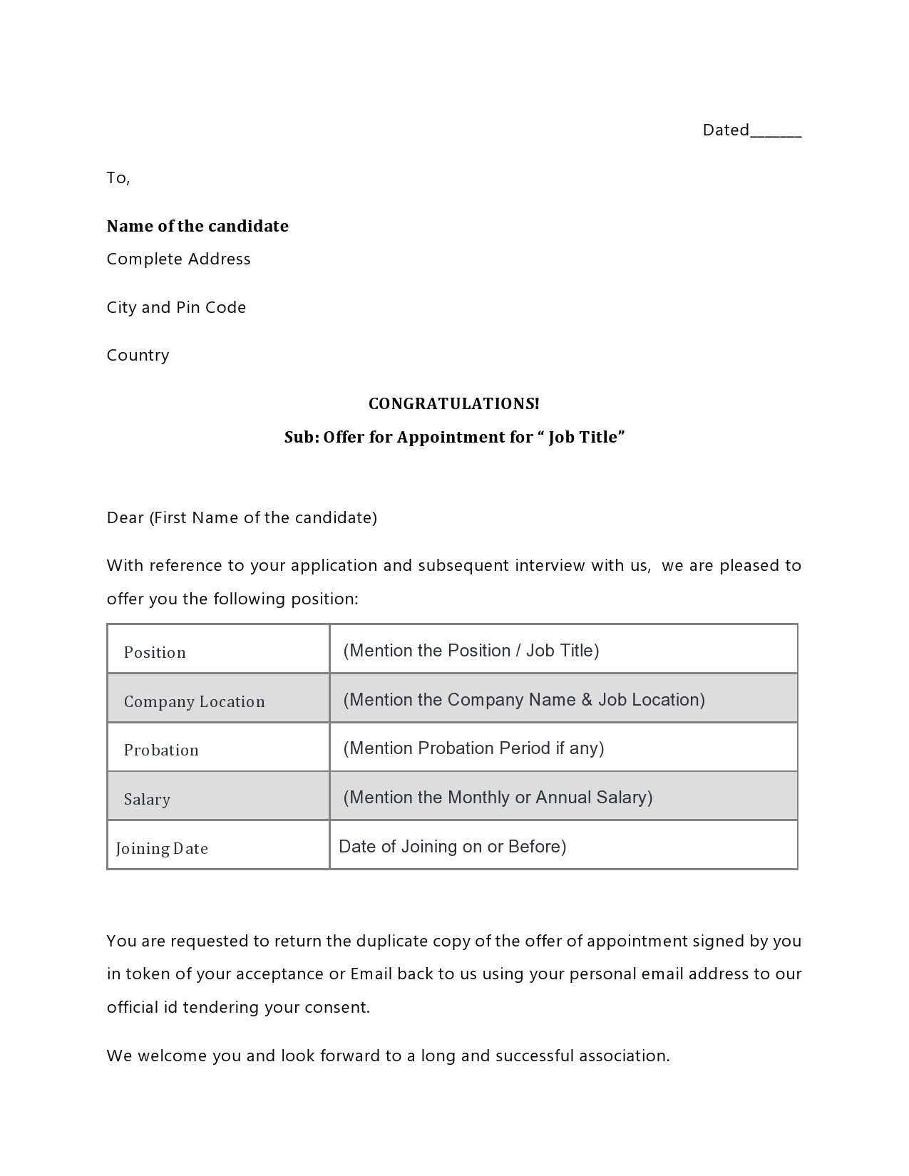 42 Professional Employment Offer Letter Templates [Word] in Employment Offer Letter Template Sample