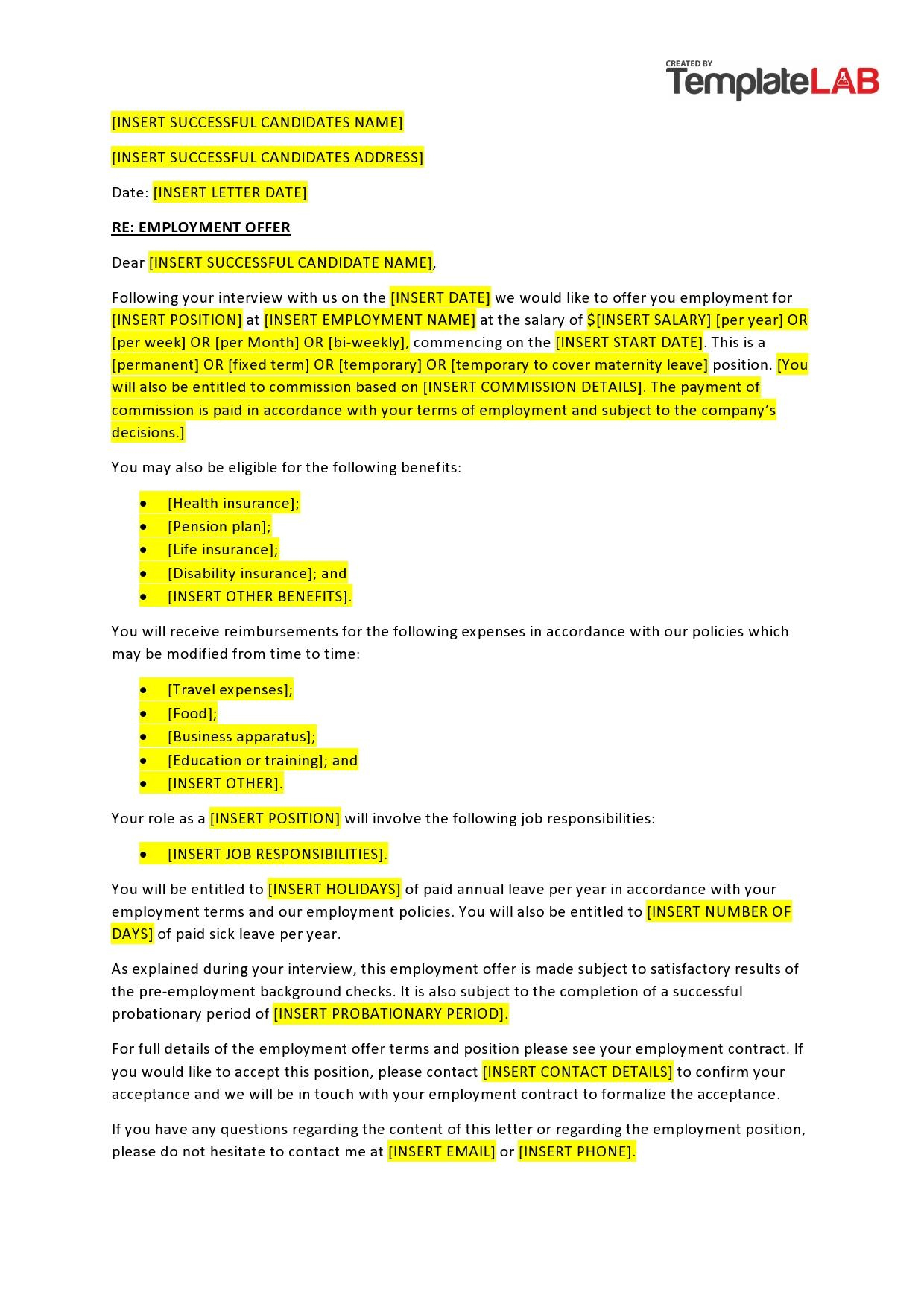 42 Professional Employment Offer Letter Templates [Word] pertaining to Job Offer Letter Sample Template