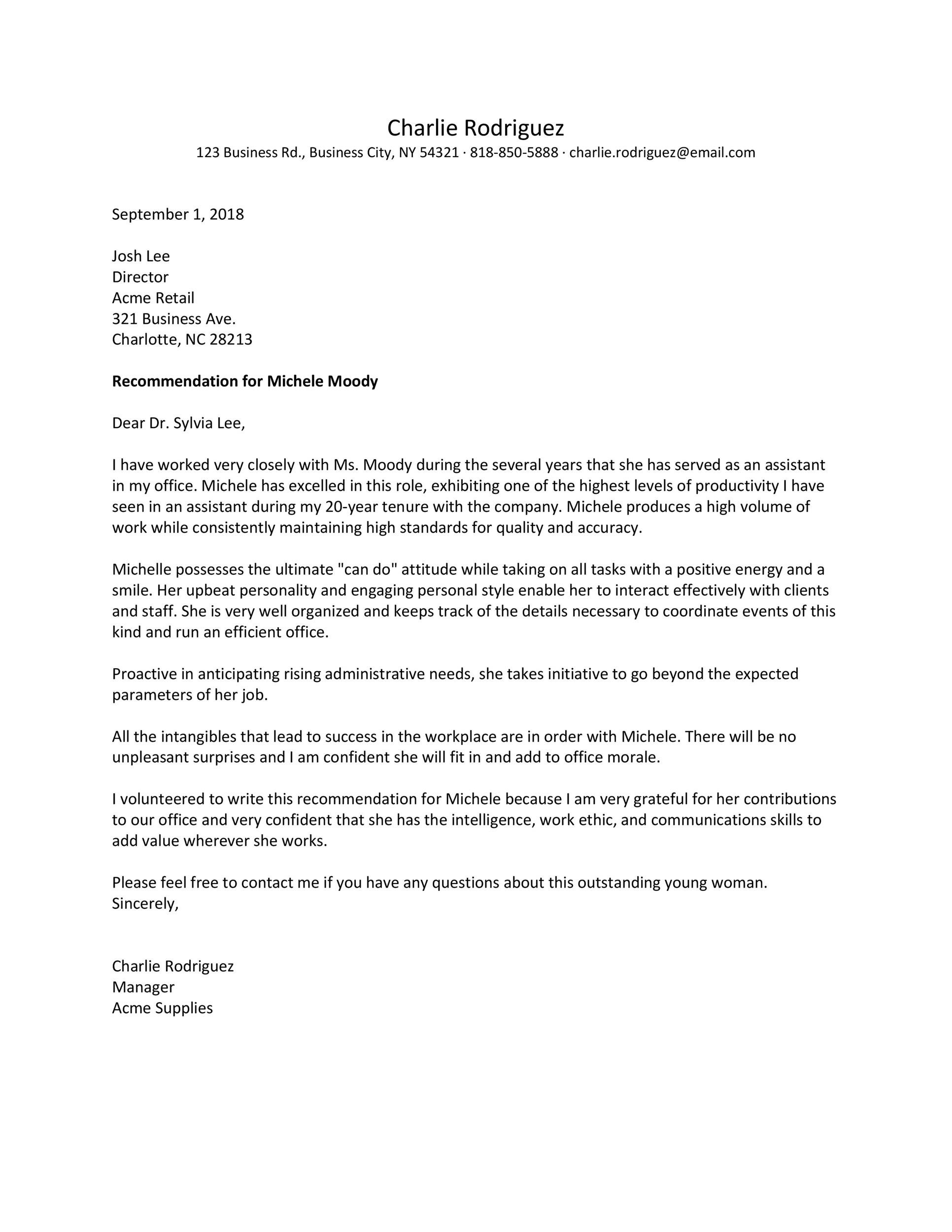 50 Best Recommendation Letters For Employee From Manager inside Job Recommendation Letter Template Sample