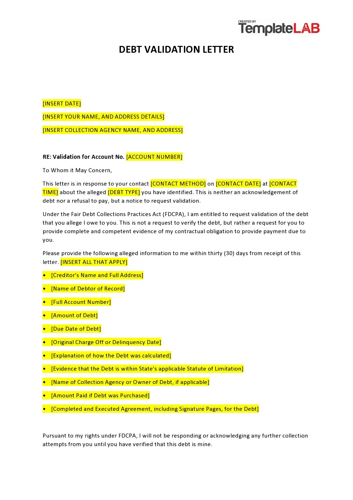 50 Free Debt Validation Letter Templates [&amp;amp; Samples] ᐅ Templatelab inside Debt Validation Letter Sample Template