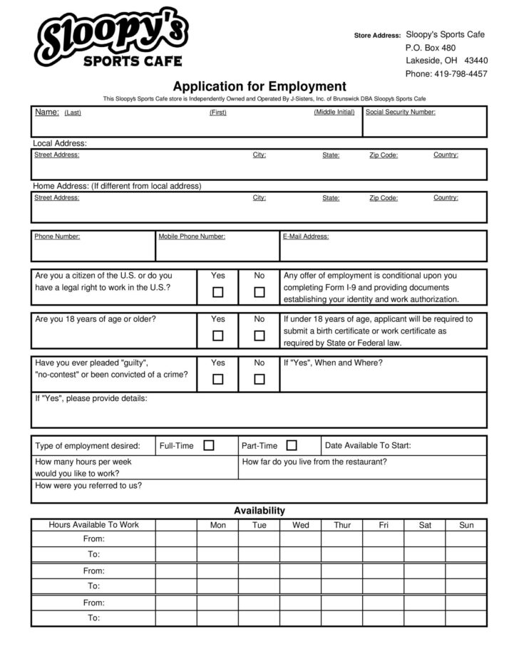 Sample Job Application Form Template