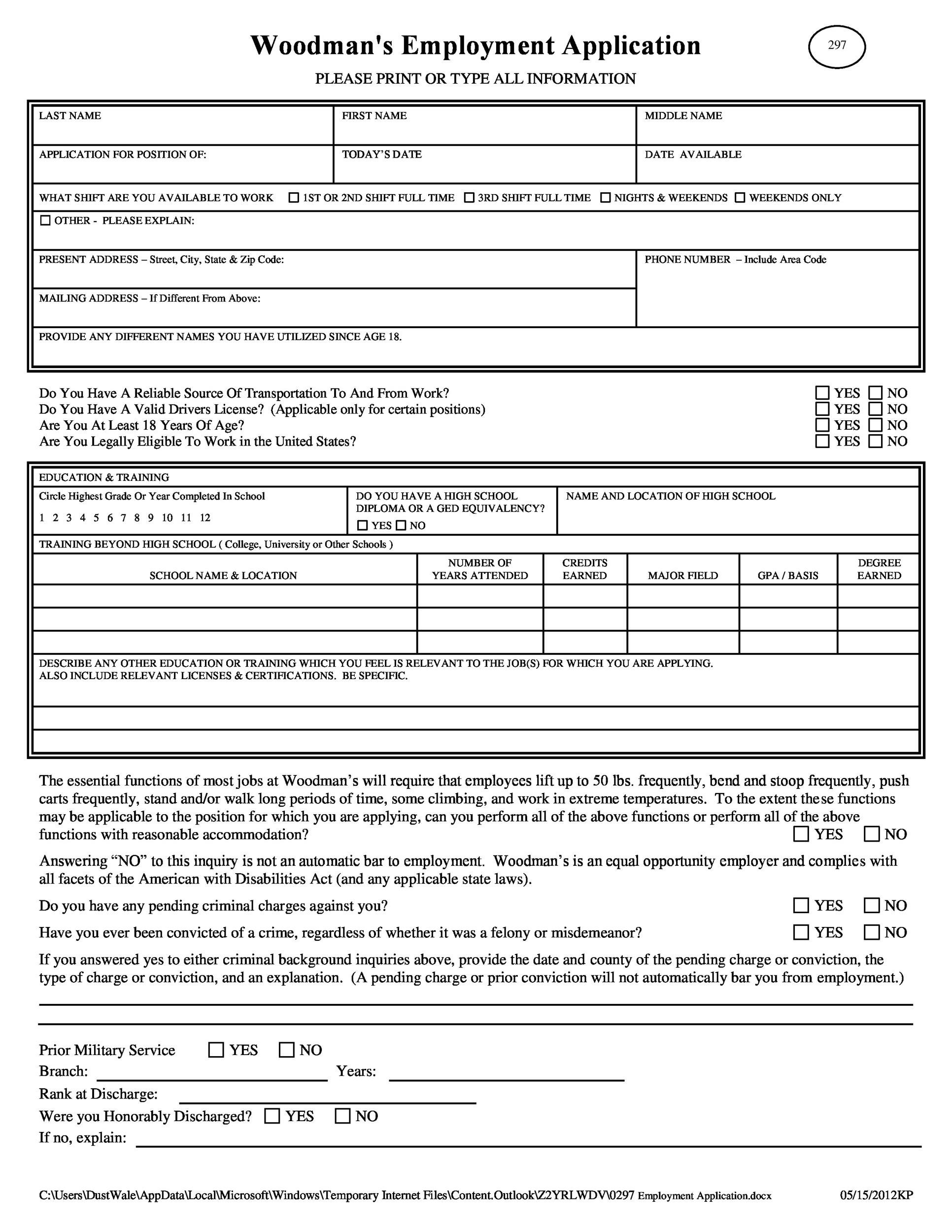 50 Free Employment / Job Application Form Templates [Printable] ᐅ within Employment Form Sample Template