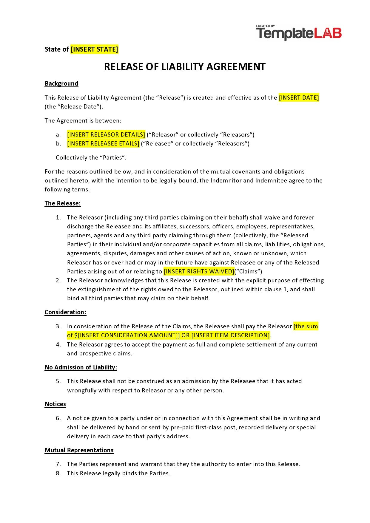 50 Free Release Of Liability Forms (Liability Waiver) ᐅ Templatelab throughout Free Mutual Release Sample Template