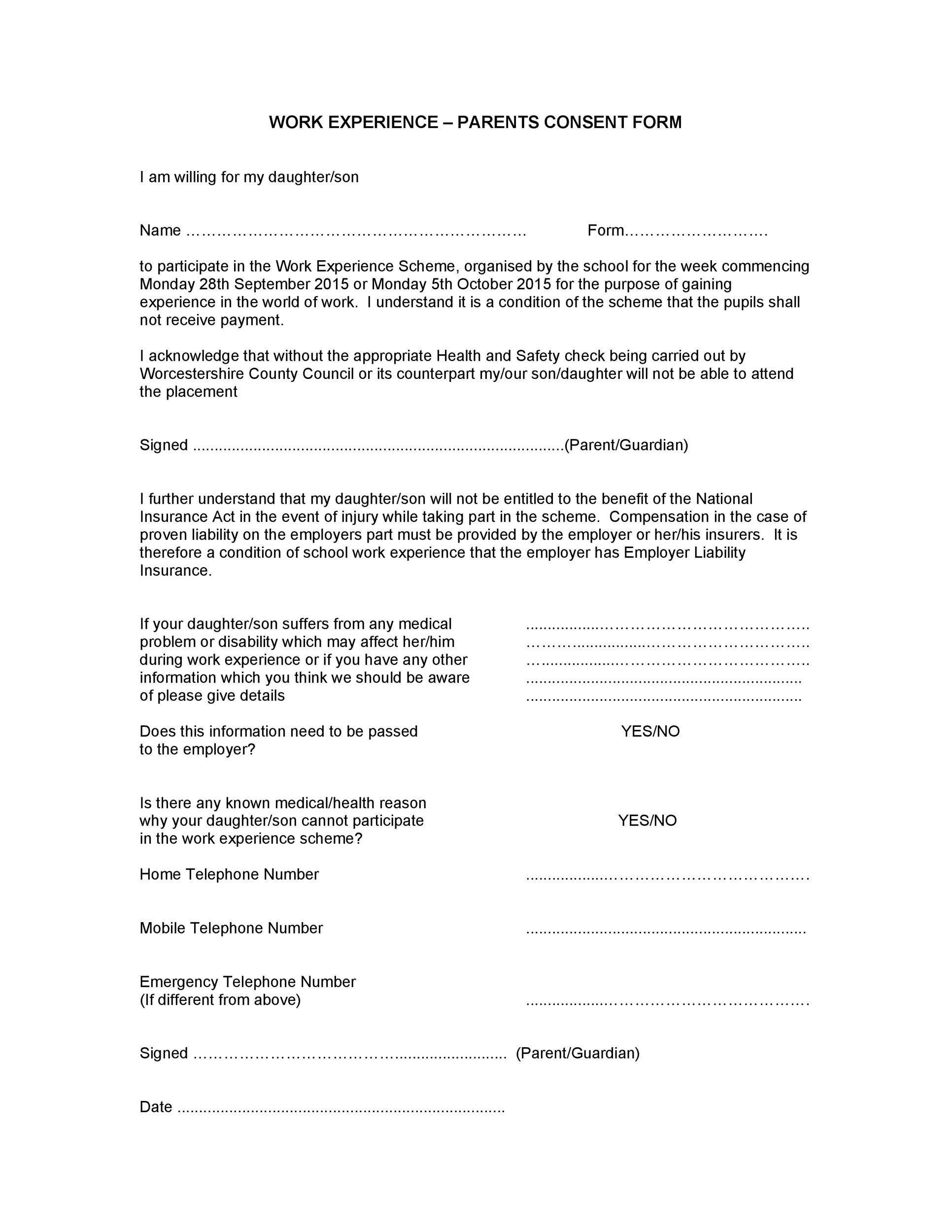 50 Printable Parental Consent Form &amp;amp; Templates ᐅ Templatelab with regard to Parental Consent Form Sample Template