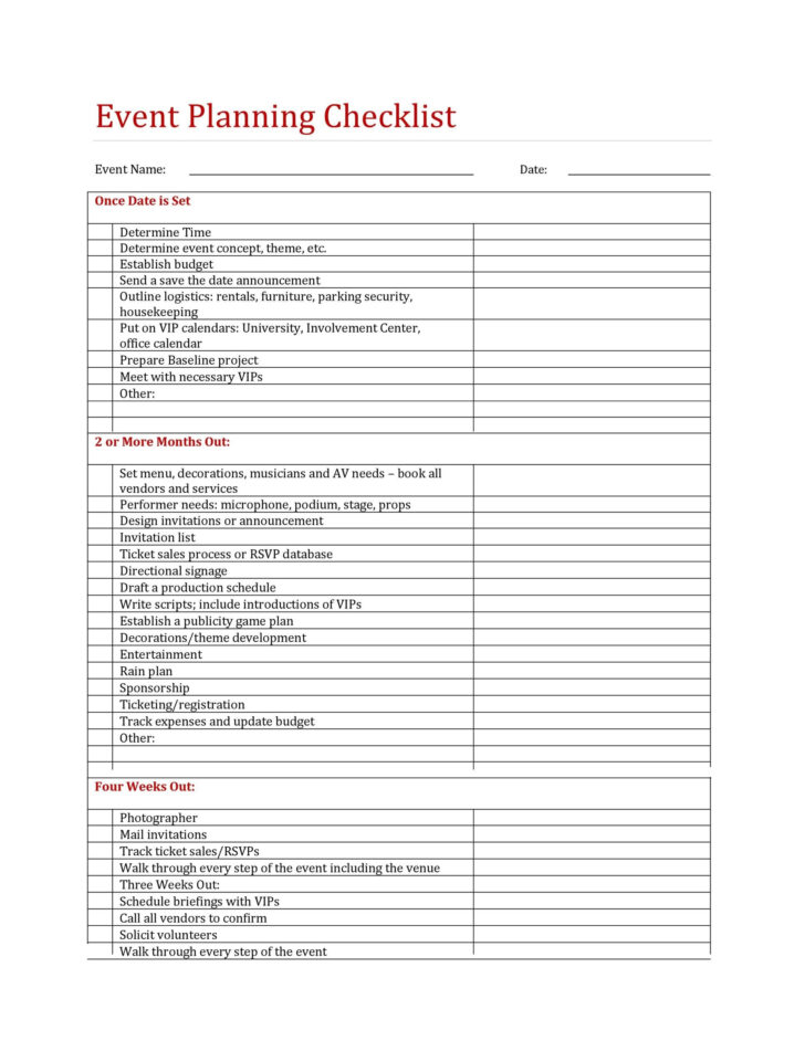 Sample Event Checklist Template