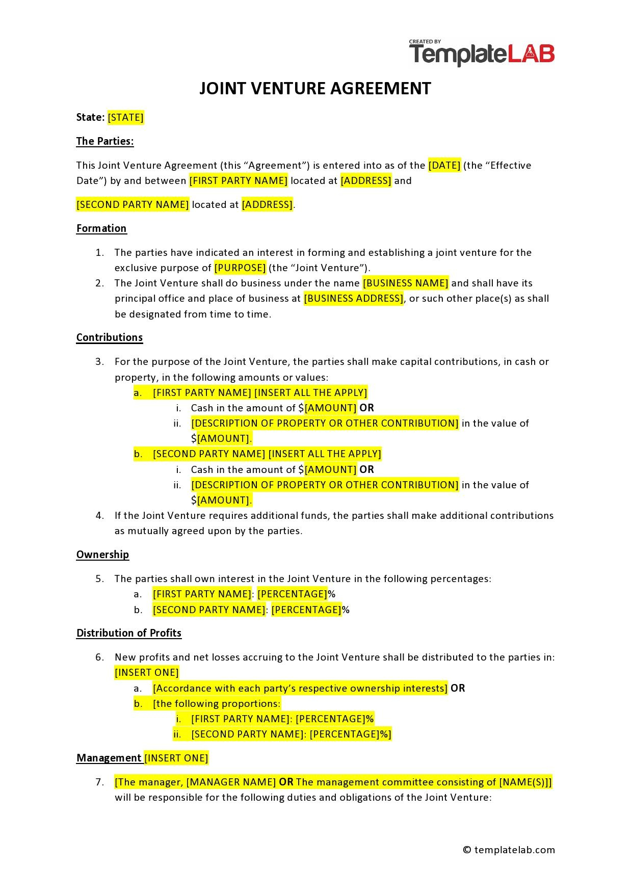53 Simple Joint Venture Agreement Templates [Pdf, Doc] ᐅ Templatelab intended for Teaming Agreement Template Sample