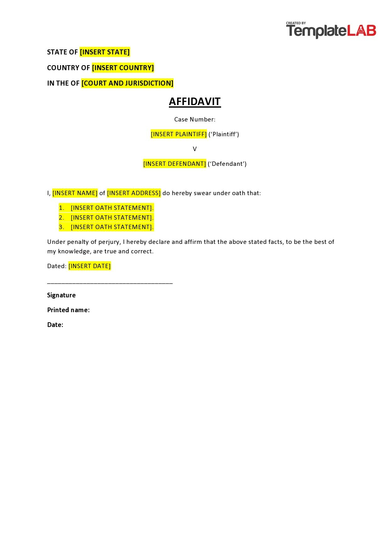 60 Free Affidavit Templates &amp;amp; Forms [Word, Pdf] - Templatelab in Affidavit Sample Template