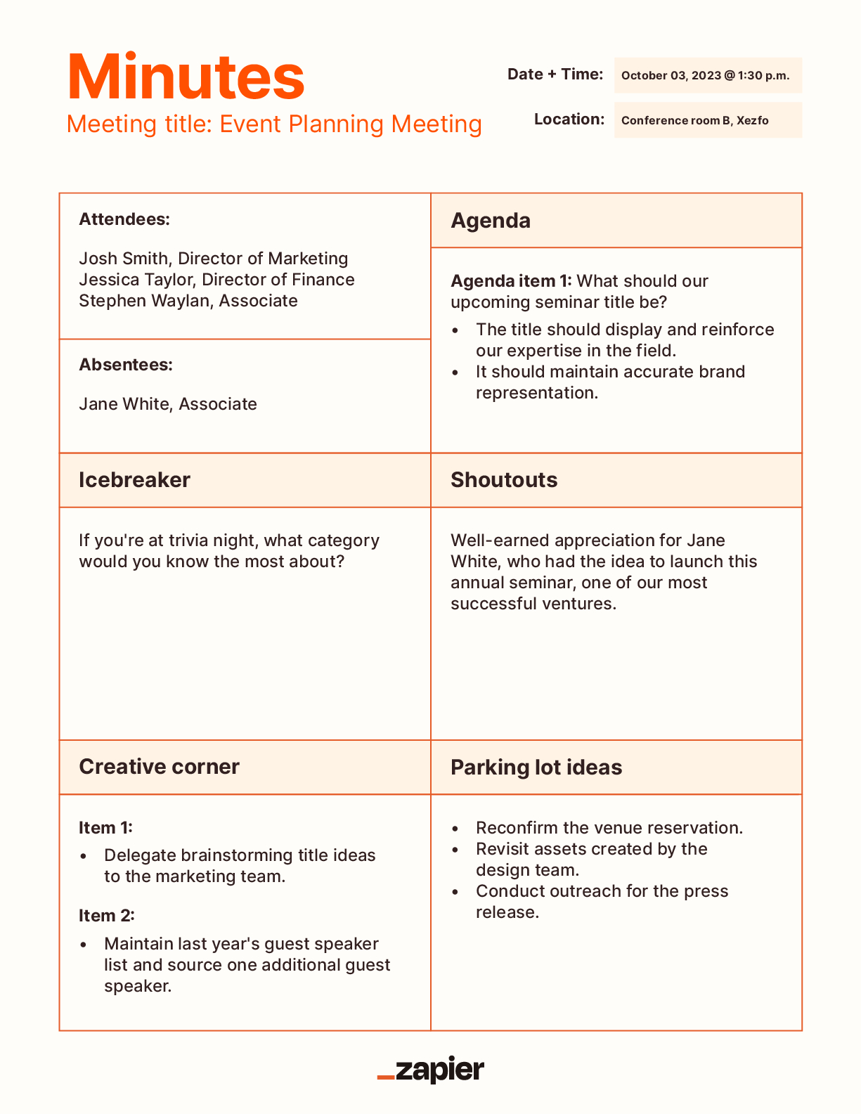 7 Meeting Minutes Templates For More Productive Meetings | Zapier for Minutes Sample Template