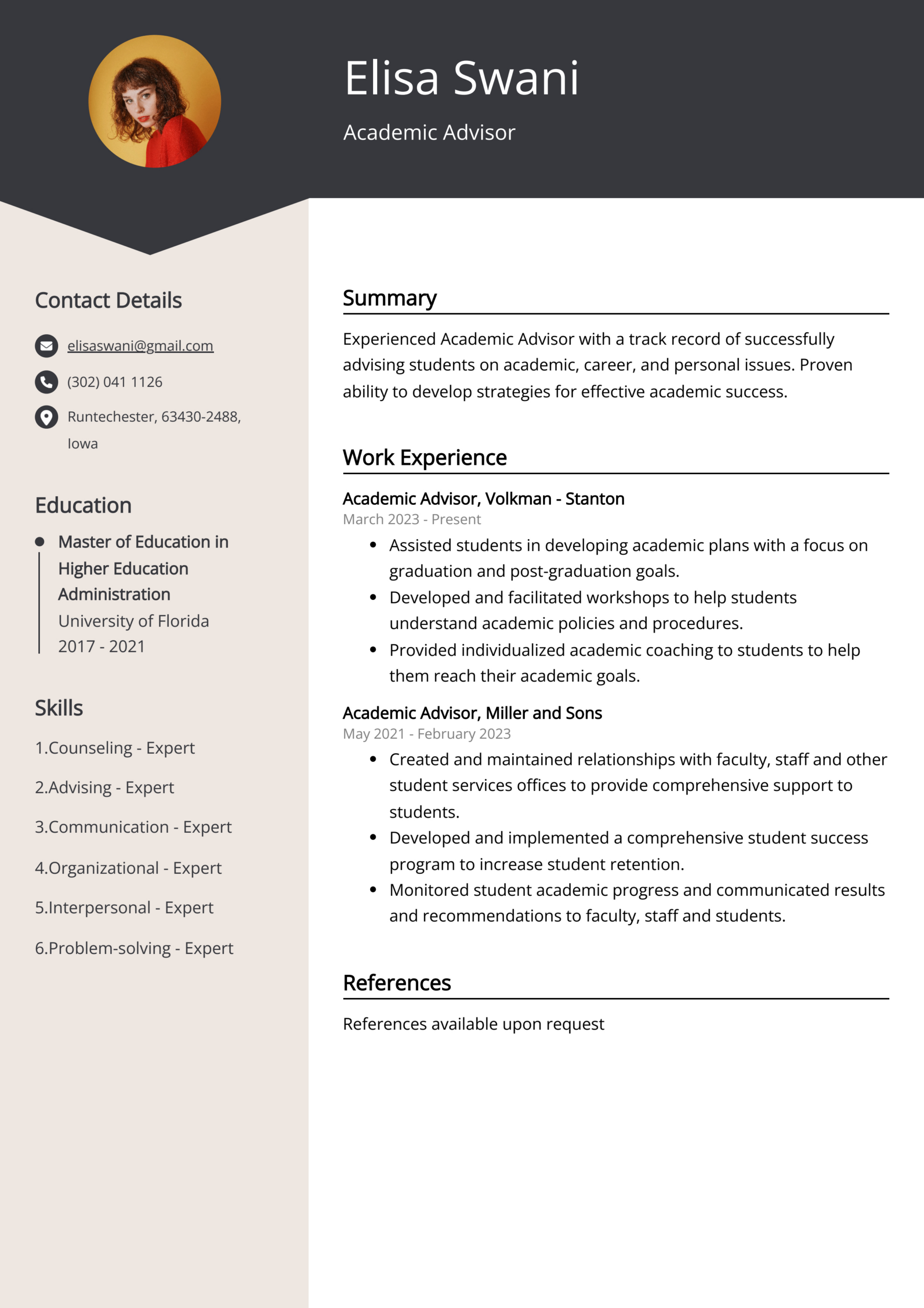 Academic Advisor Cv Example For 2024 (Skills &amp;amp; Templates) in Sample Academic CV Template