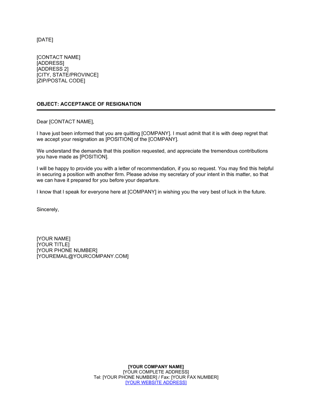 Acceptance Of Resignation Template 2024 [Download .Docx throughout Resignation Acceptance Letter Template Sample
