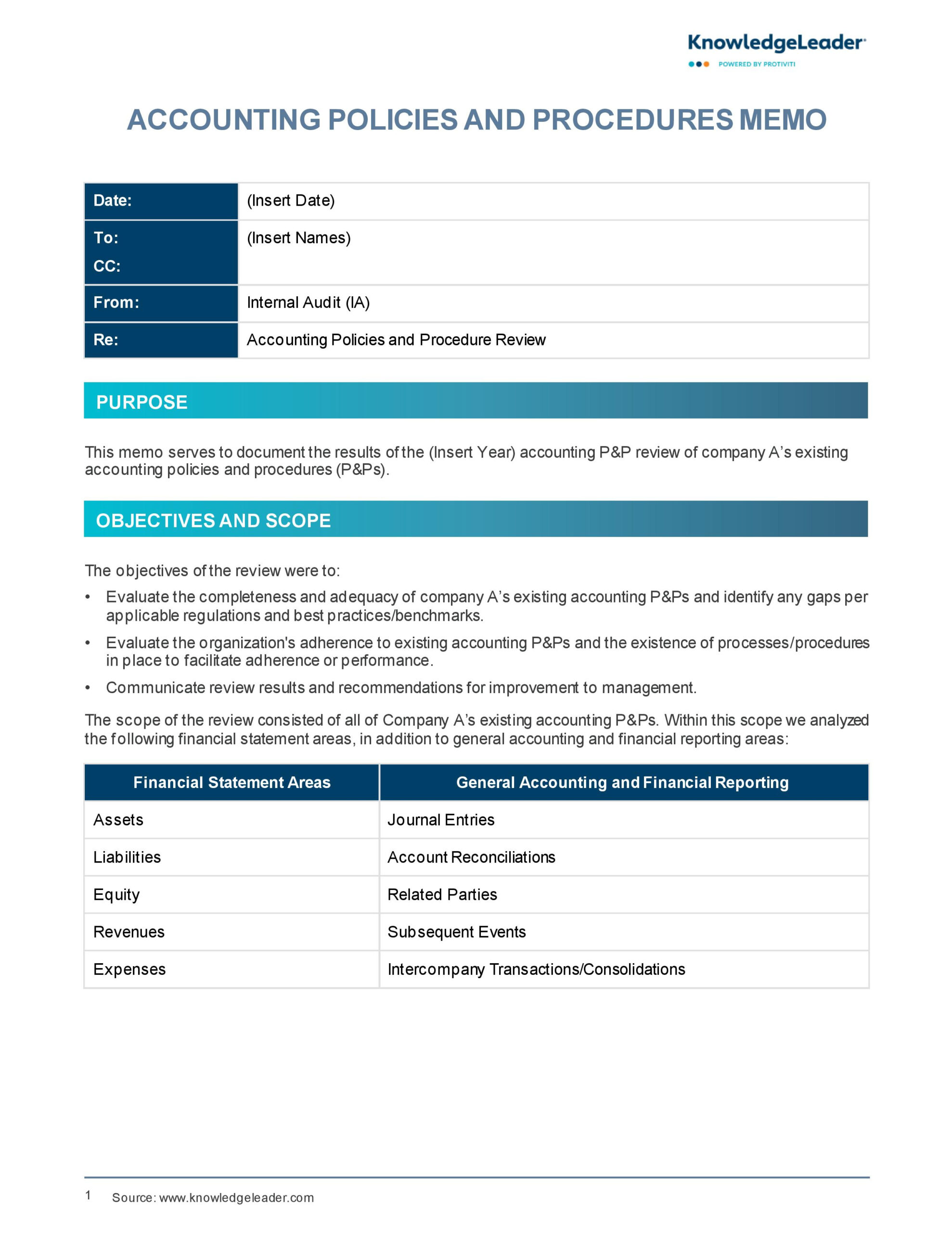 Accounting Policies And Procedures Memo | Knowledgeleader regarding Sample Accounting Policies and Procedures Template