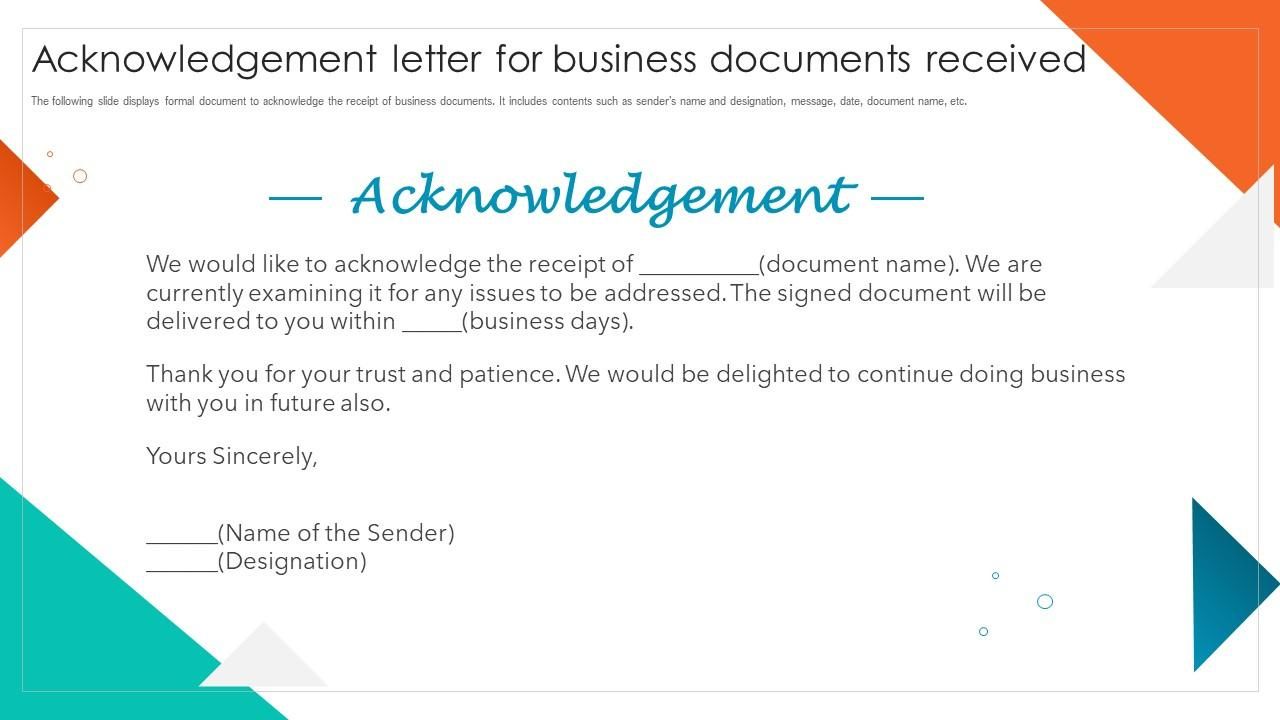 Acknowledgement Letter For Business Documents Received with regard to Acknowledgement Letter Template Sample