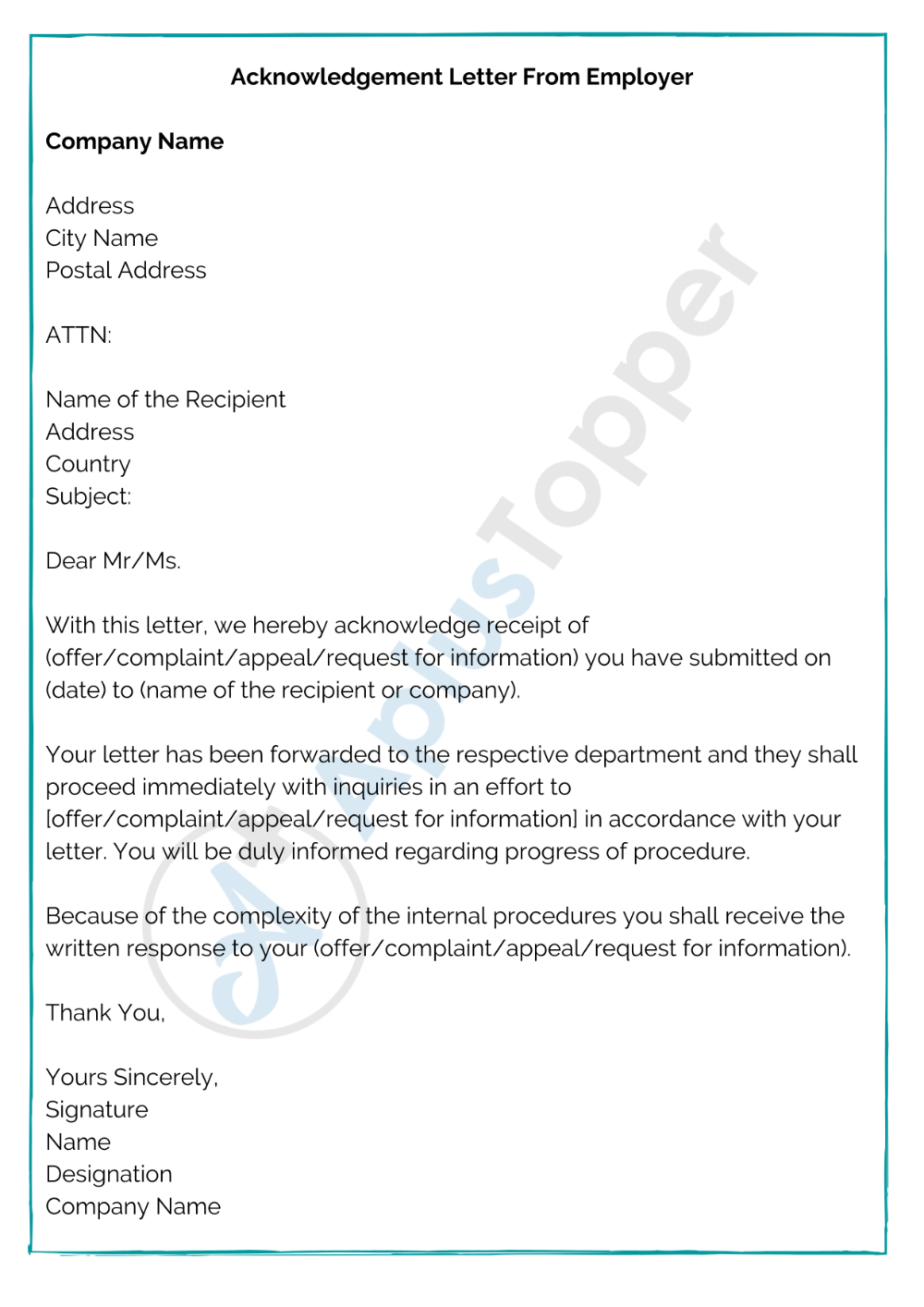 Acknowledgement Letter | Format, Samples, Template, How To Write with Acknowledgement Letter Template Sample